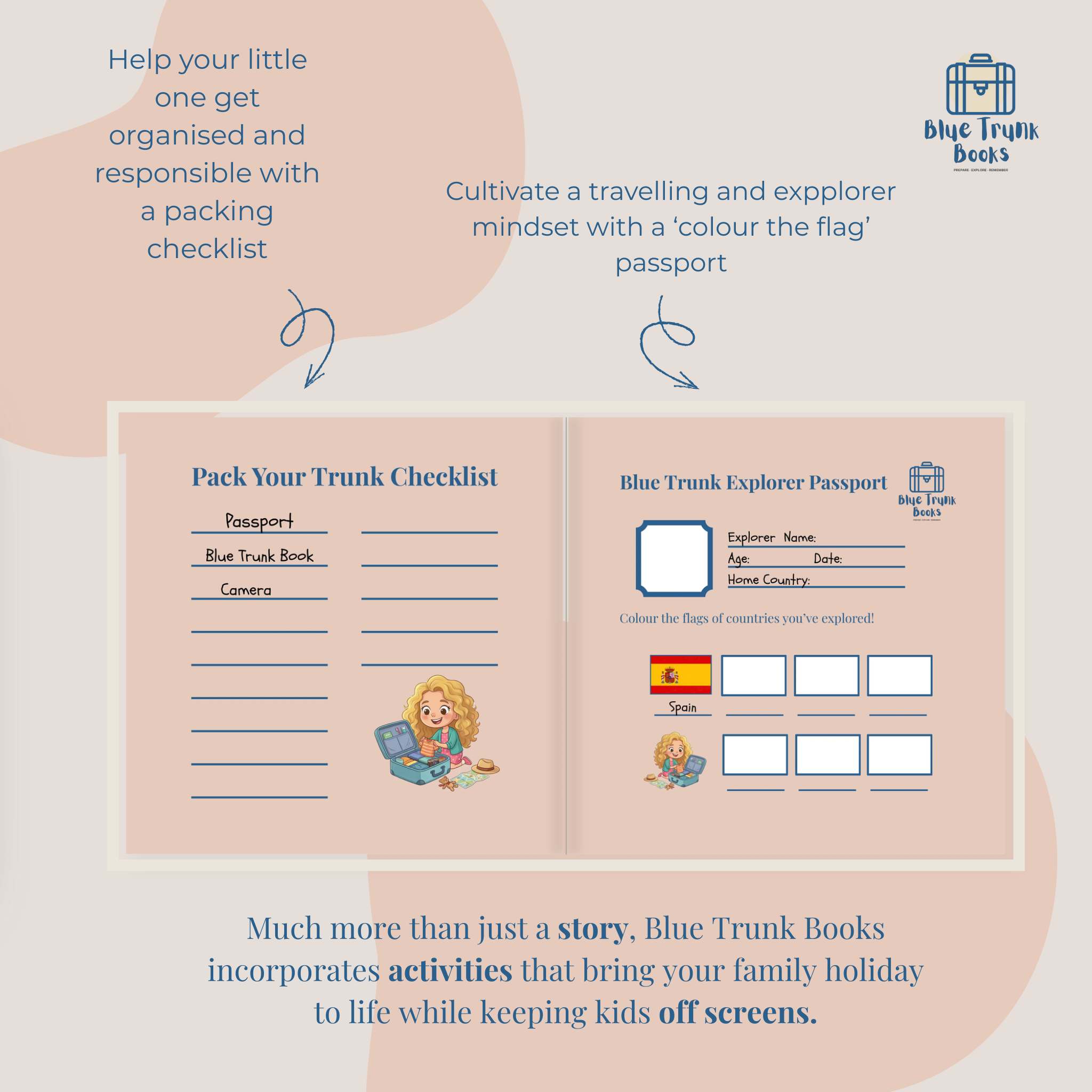 Planning checklist and personalized Blue Trunk Explorer Passport with child's name Bella