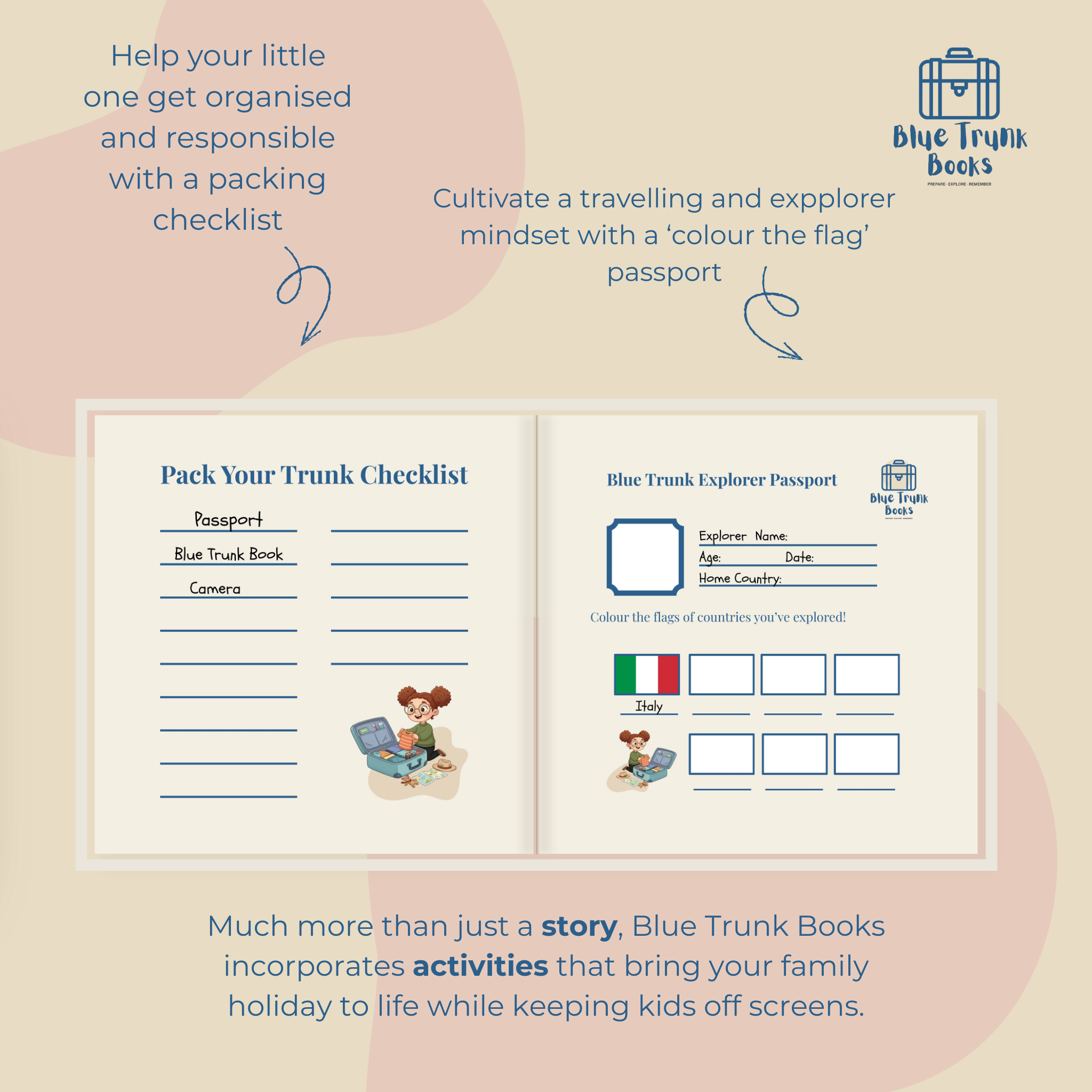 Planning checklist and personalized Blue Trunk Explorer Passport with child's name Olivia
