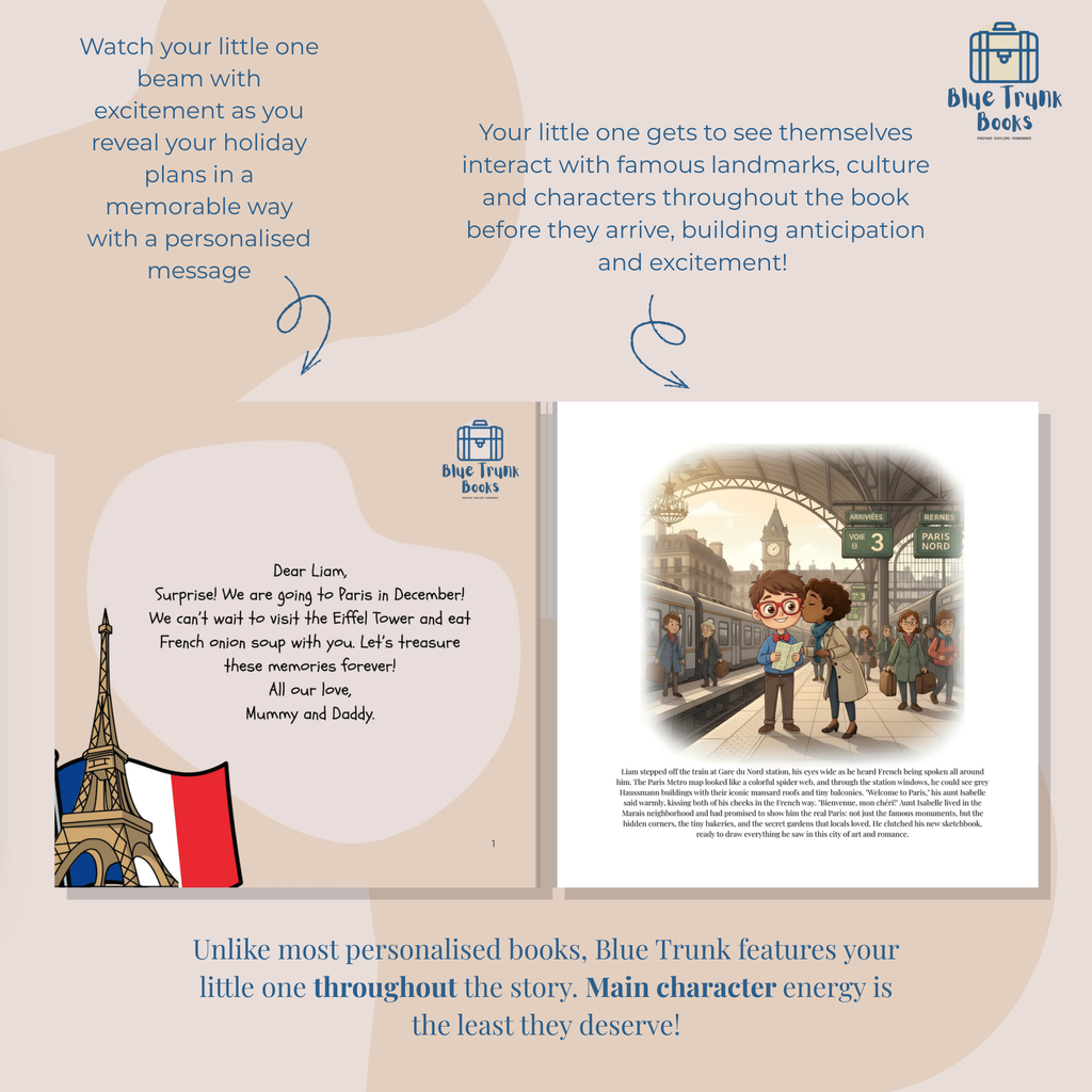 Custom character introduction page from personalized Paris travel activity book for kids
