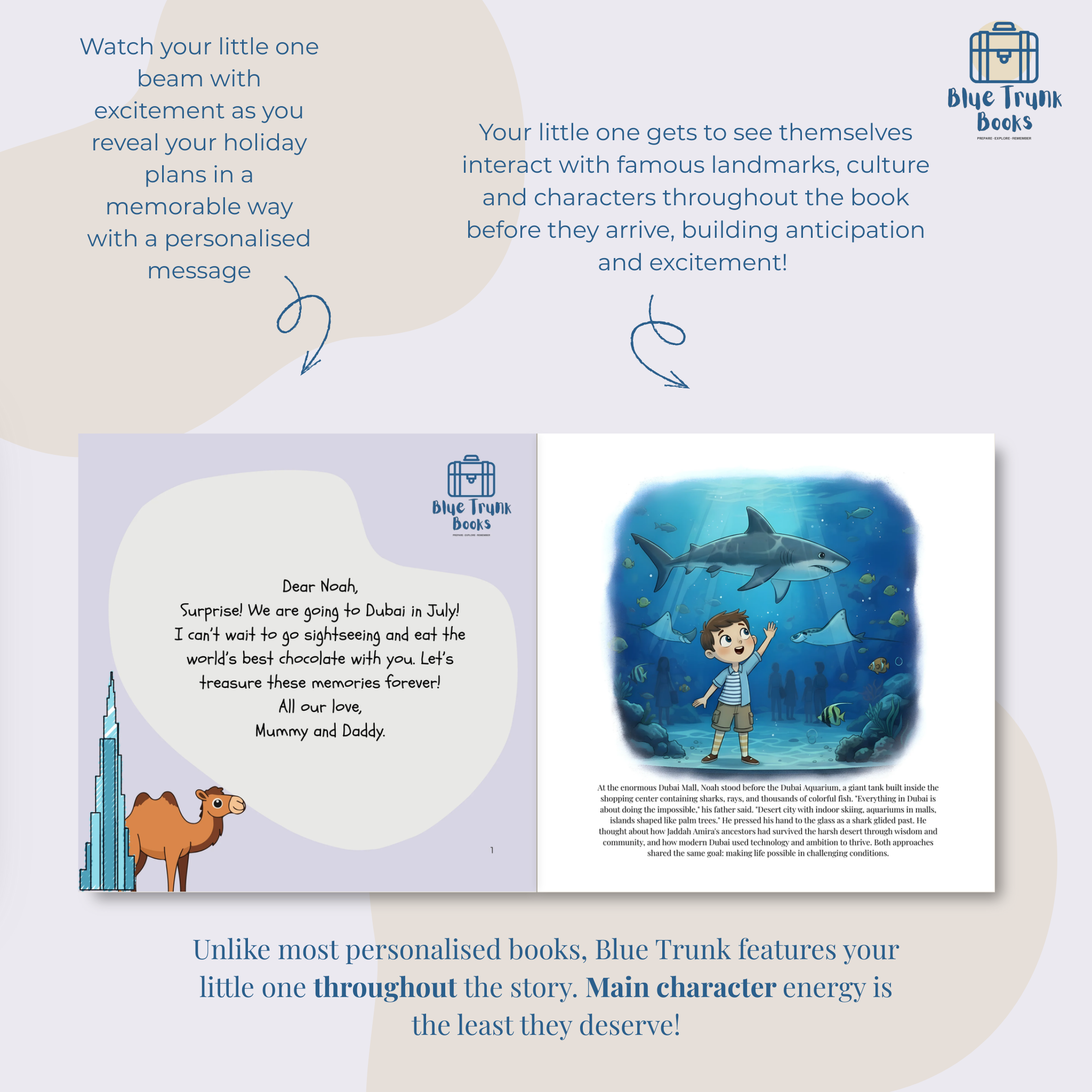Custom character introduction page from personalized Dubai travel activity book for kids