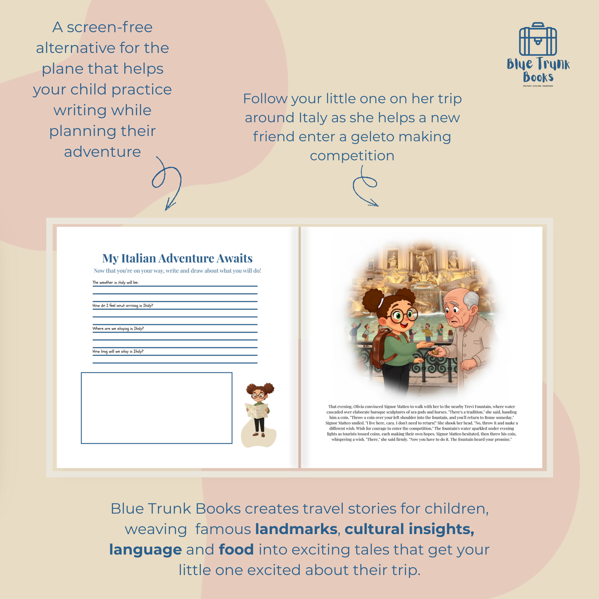 Personalized story pages featuring child's custom avatar at Italian gelato shop