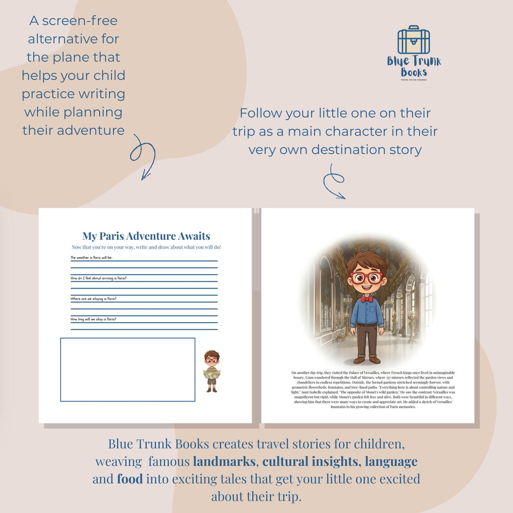 Personalized Paris trip planning and writing activities page from travel book for kids