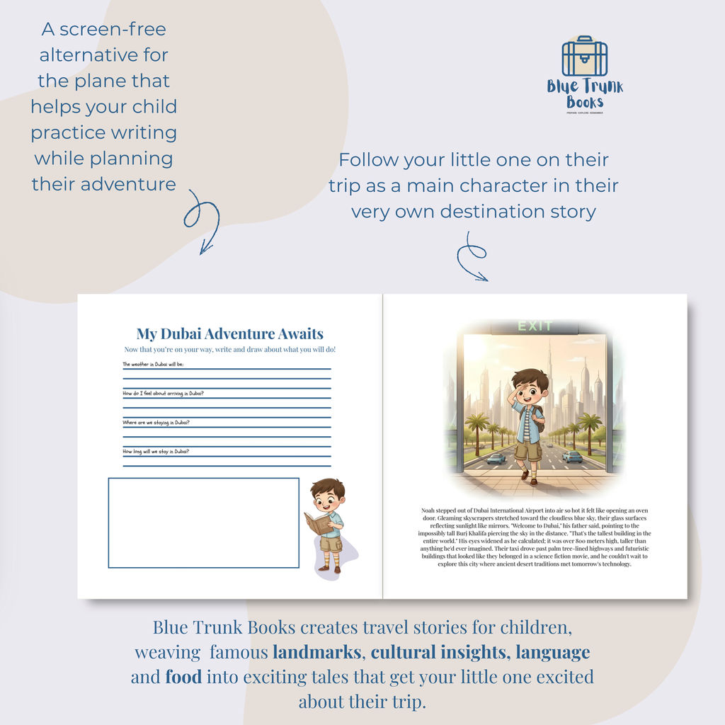 Personalized Dubai trip planning and writing activities page from travel book for kids