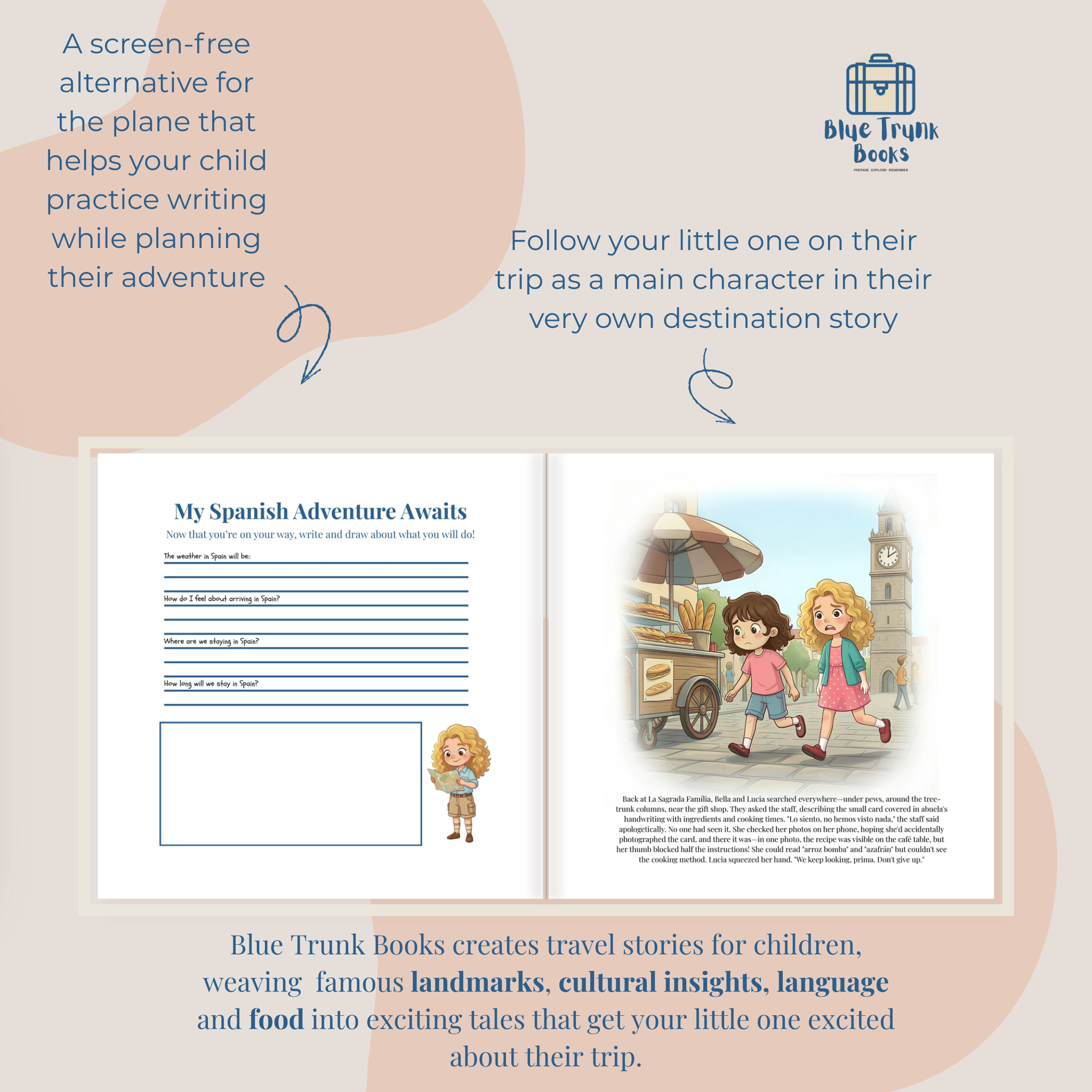 Personalized story pages featuring child's custom avatar at La Boqueria market Barcelona