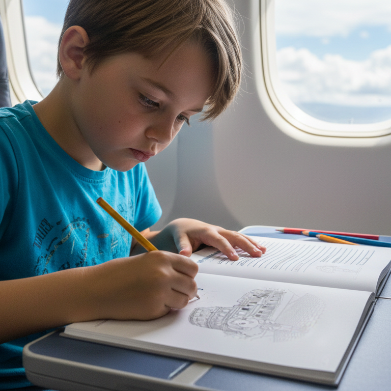 Child completing travel book activities on airplane tray table