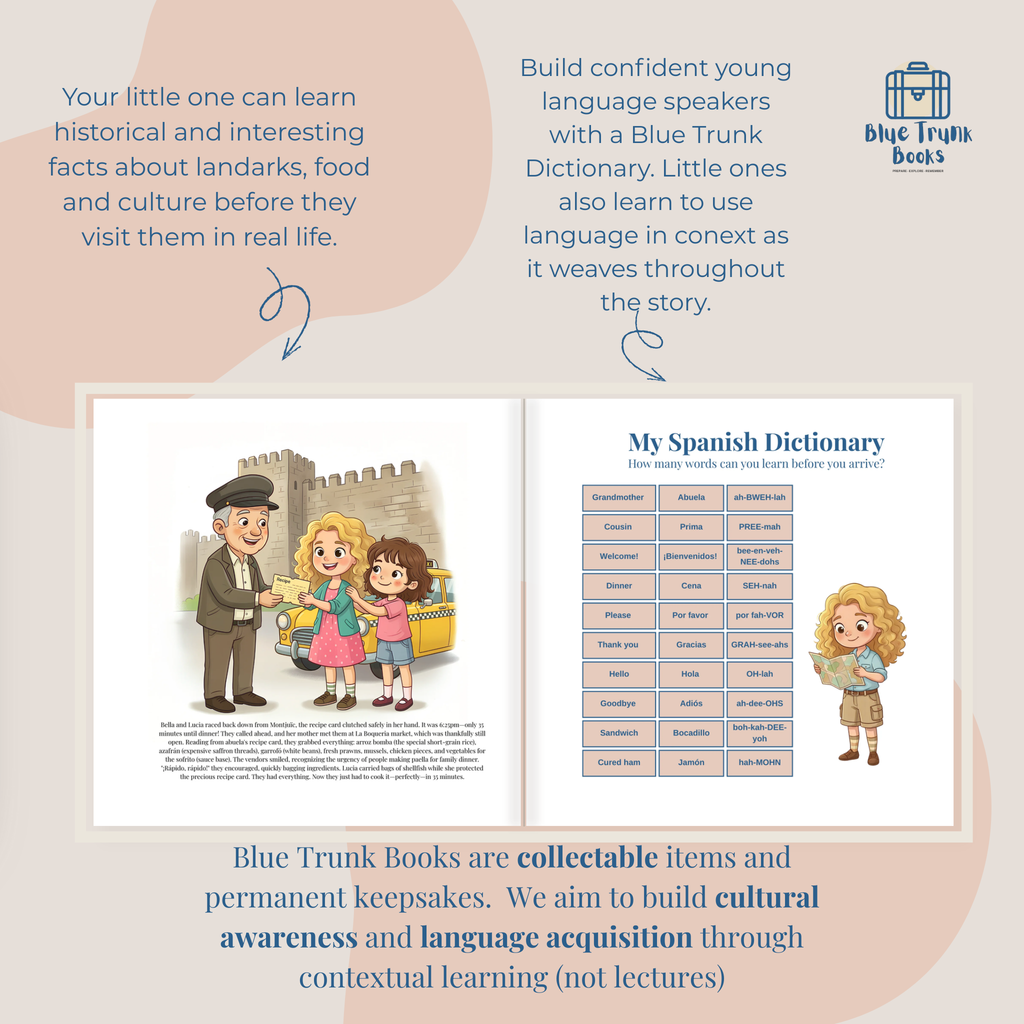 Spanish language learning dictionary with child's name throughout from personalized Barcelona travel book