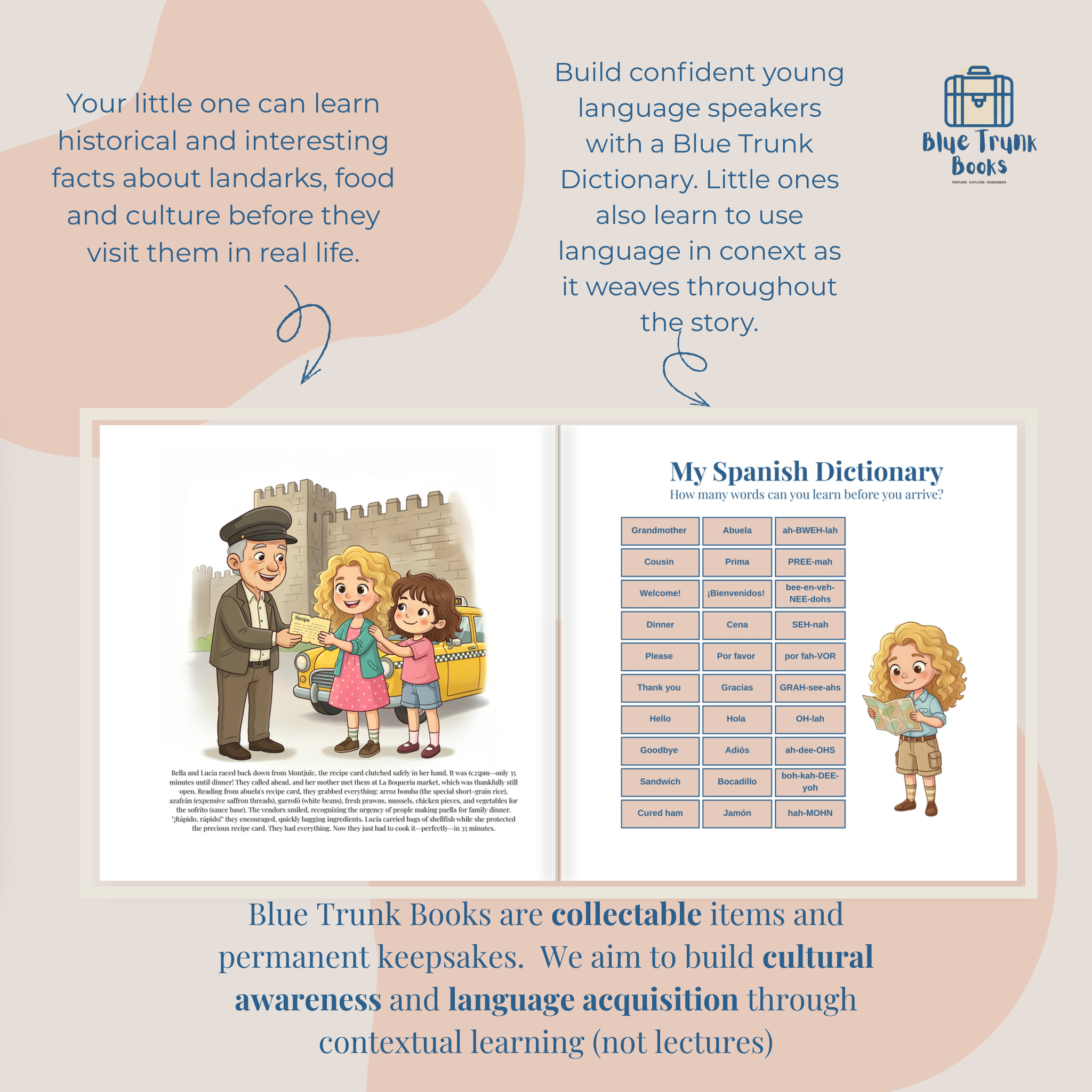 Spanish language learning dictionary with child's name throughout from personalized Barcelona travel book