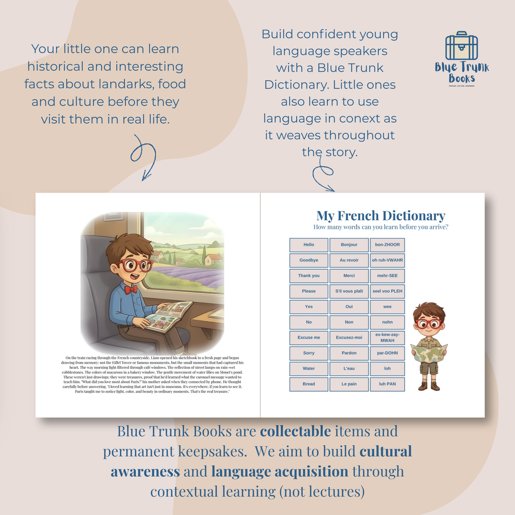 Personalized Paris language and cultural learning pages from educational travel book for kids