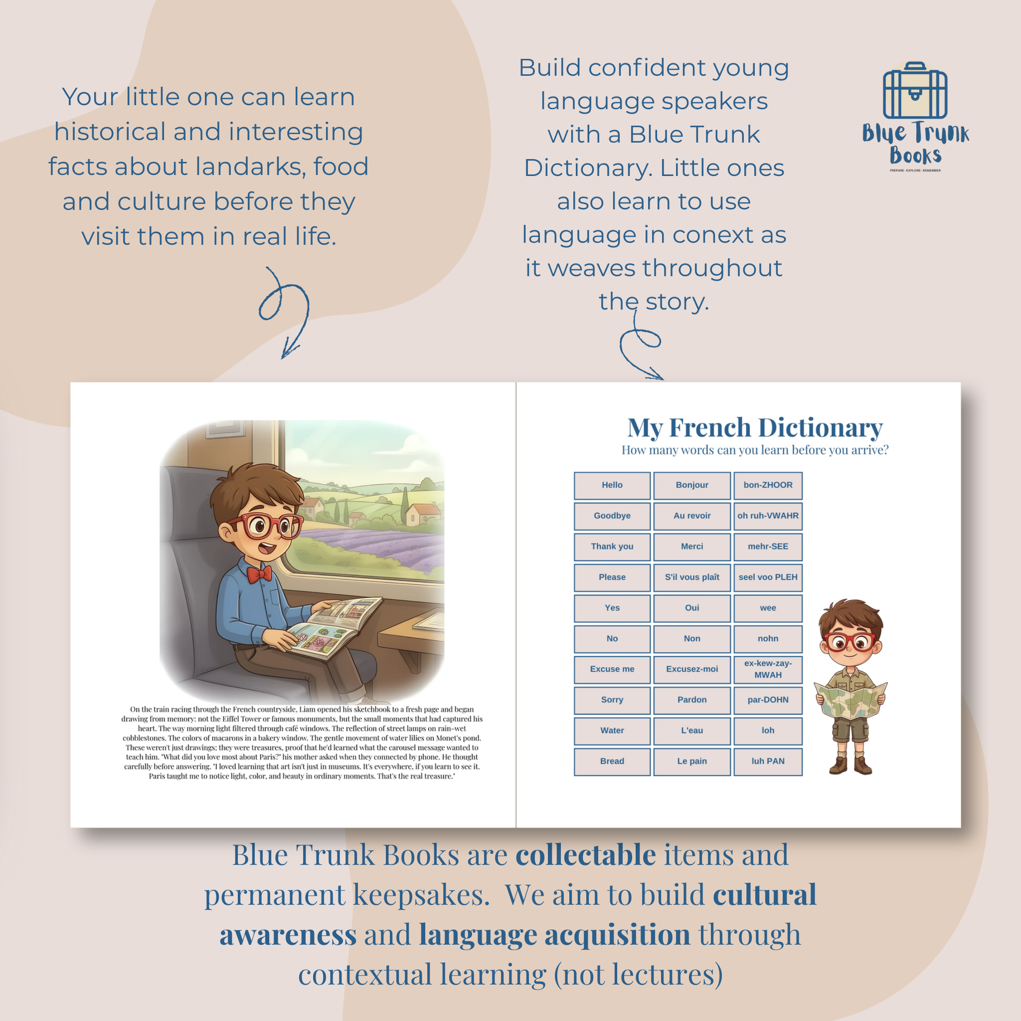 Personalized Paris language and cultural learning pages from educational travel book for kids