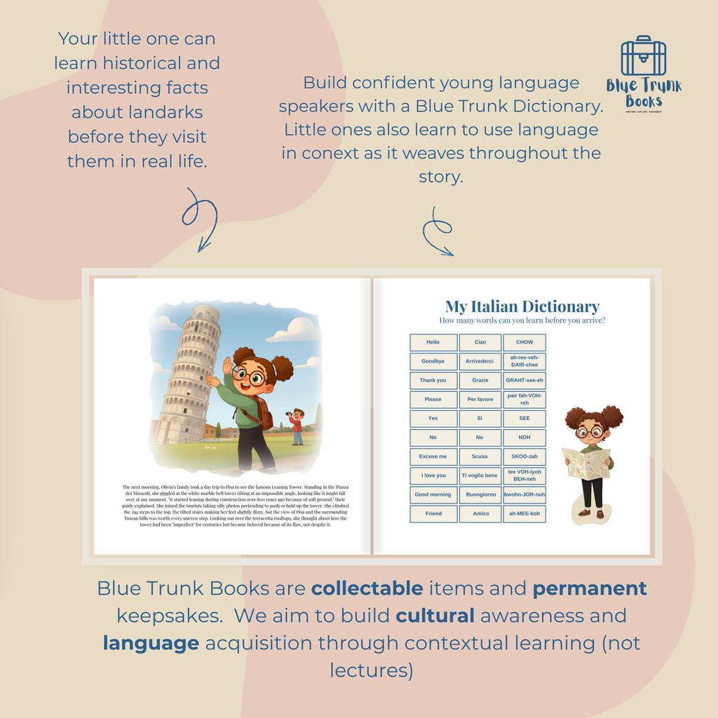 Italian language learning dictionary with child's name throughout from personalized travel book