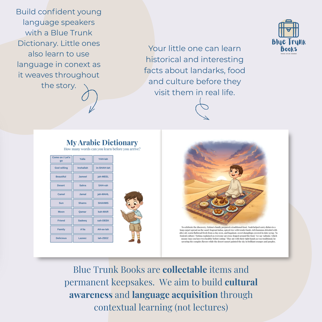 Personalized Dubai language and cultural learning pages from educational travel book for kids