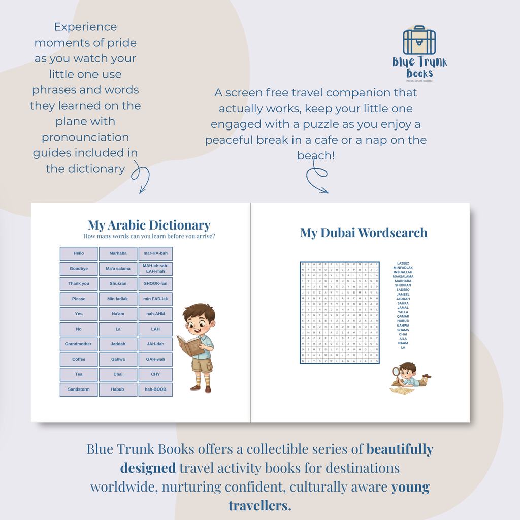 Personalized Arabic dictionary and word search activities from Dubai travel book for kids