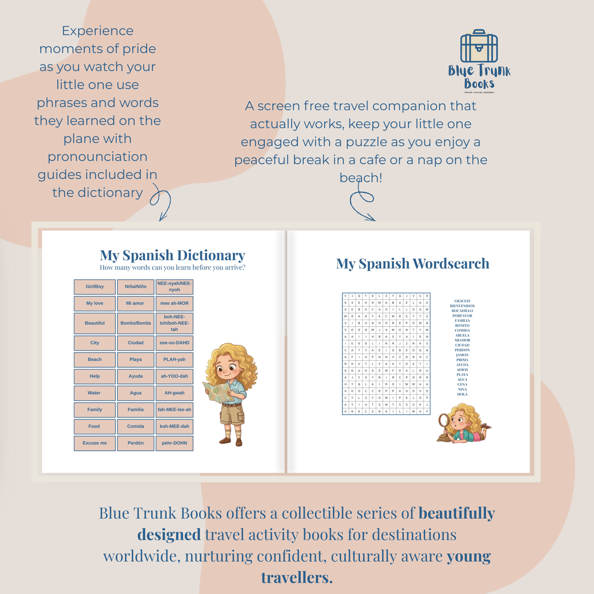 Personalized Spanish wordsearch and vocabulary activities featuring child's custom avatar