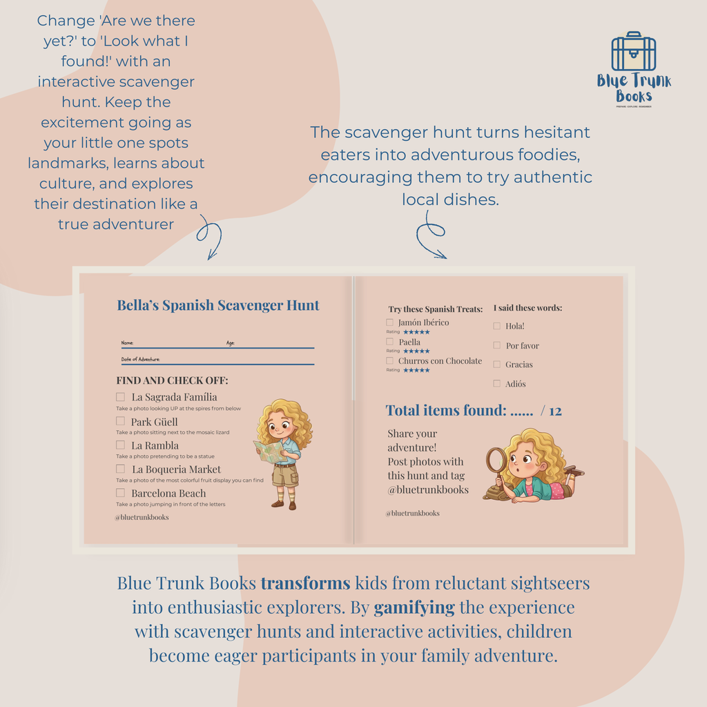 Personalized Barcelona scavenger hunt with child's name and custom avatar throughout Gaudi activities