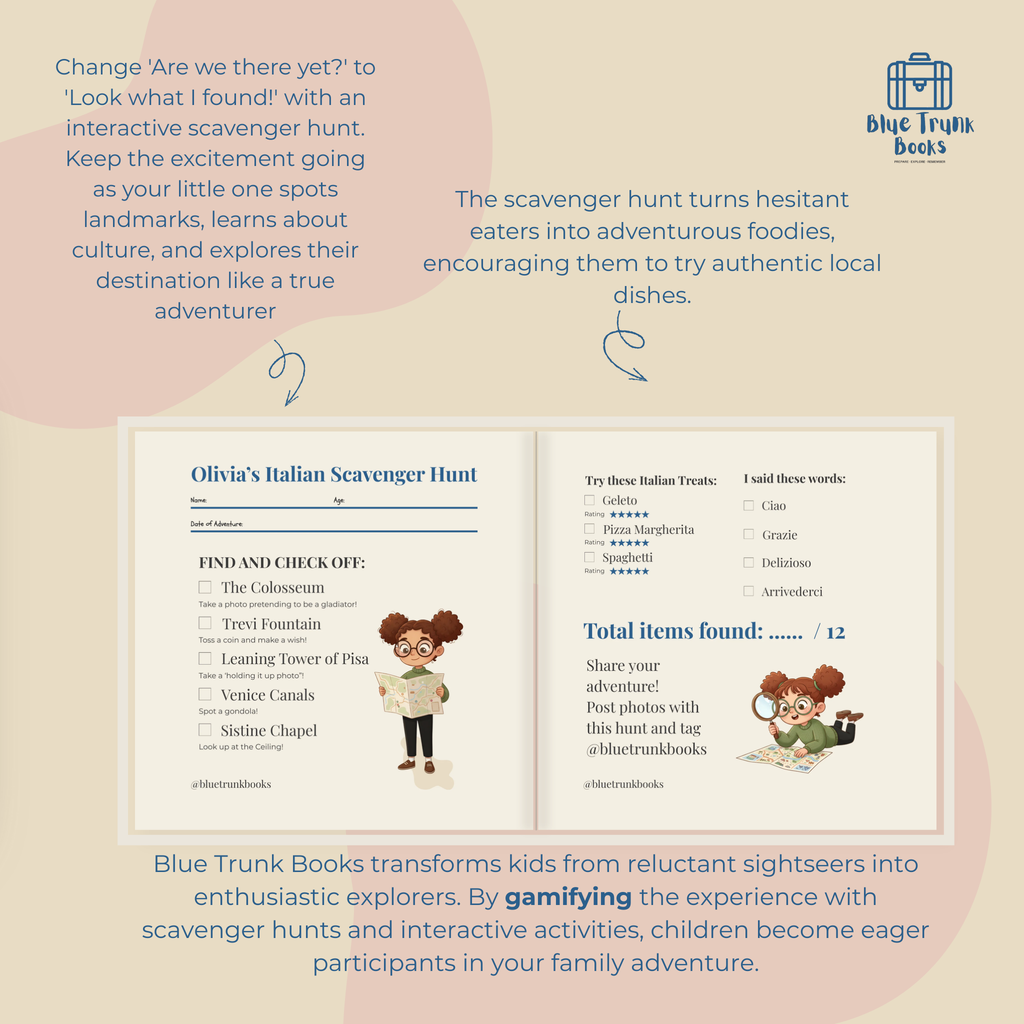 Personalized Italy scavenger hunt with child's name and custom avatar throughout activities