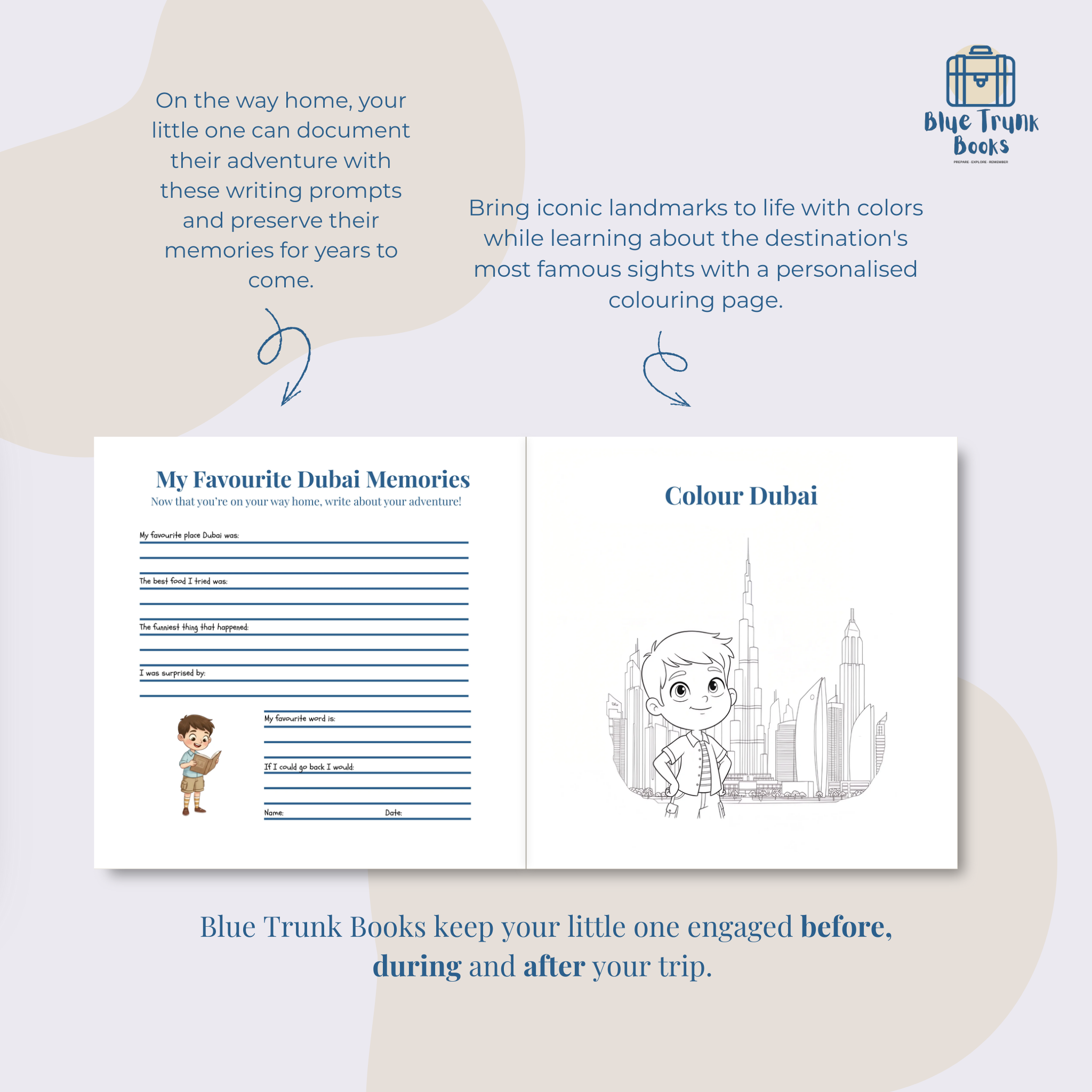 Personalized Dubai colouring landmarks and memory journal pages from travel book for kids