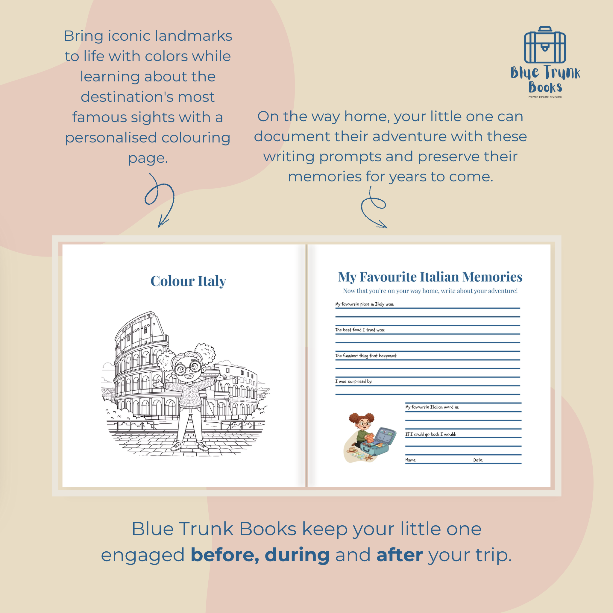 Color Italy landmarks coloring page featuring Colosseum and memory journal prompts from Italy travel book