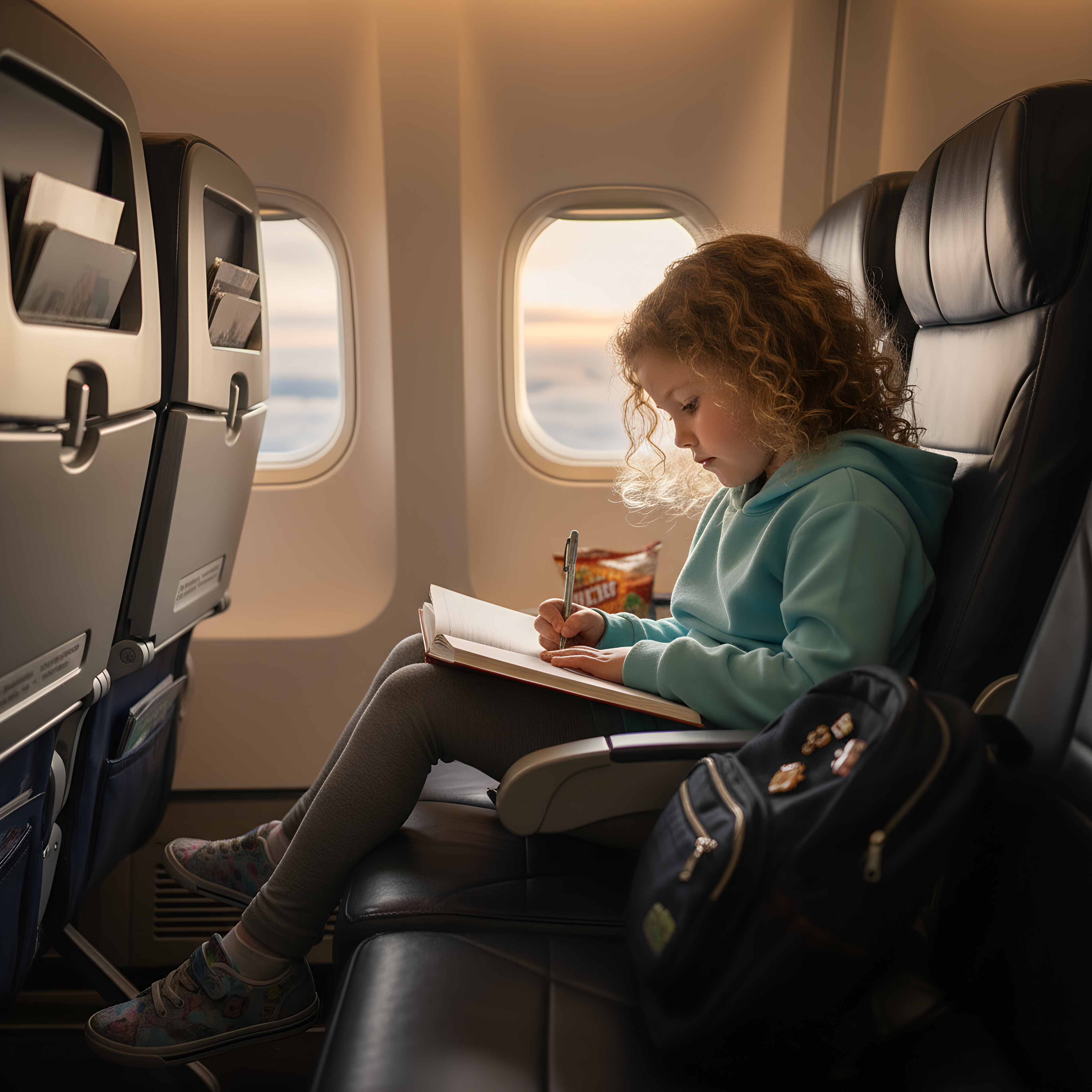 Child drawing in a travel activity book while seated on an airplane during a family flight.