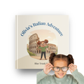 Personalized Italy travel book for kids with custom name Olivia and avatar - Blue Trunk Books First Class