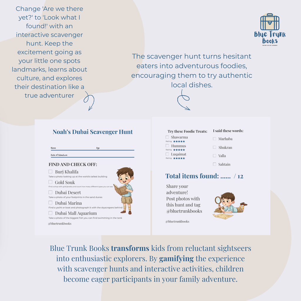 Personalized Dubai scavenger hunt activities from custom travel activity book for kids