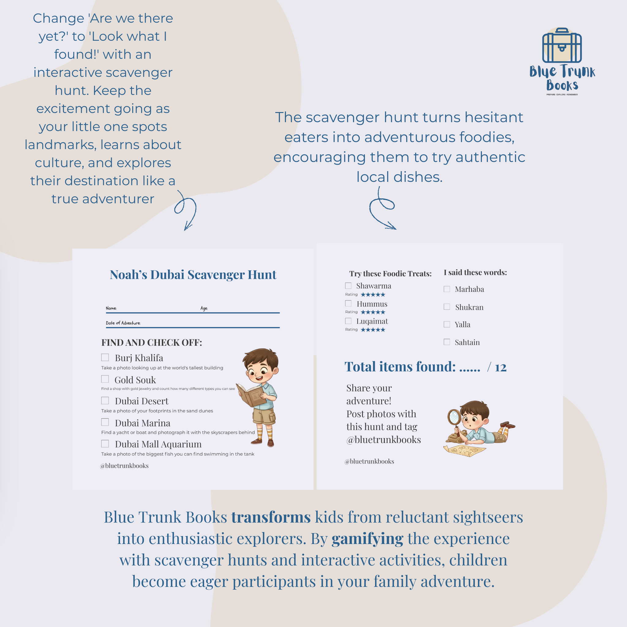 Personalized Dubai scavenger hunt activities from custom travel activity book for kids