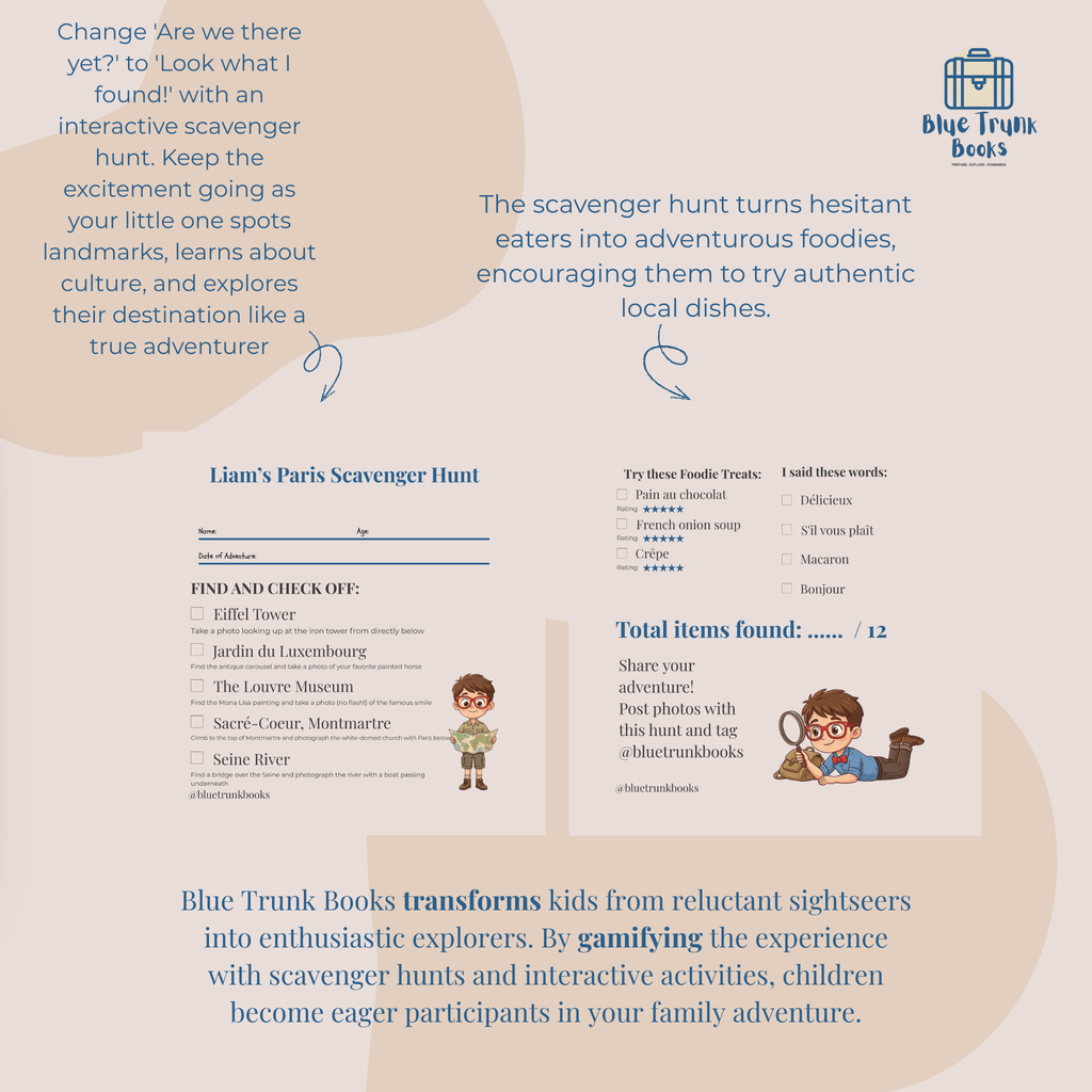 Personalized Paris scavenger hunt activities from custom travel activity book for kids