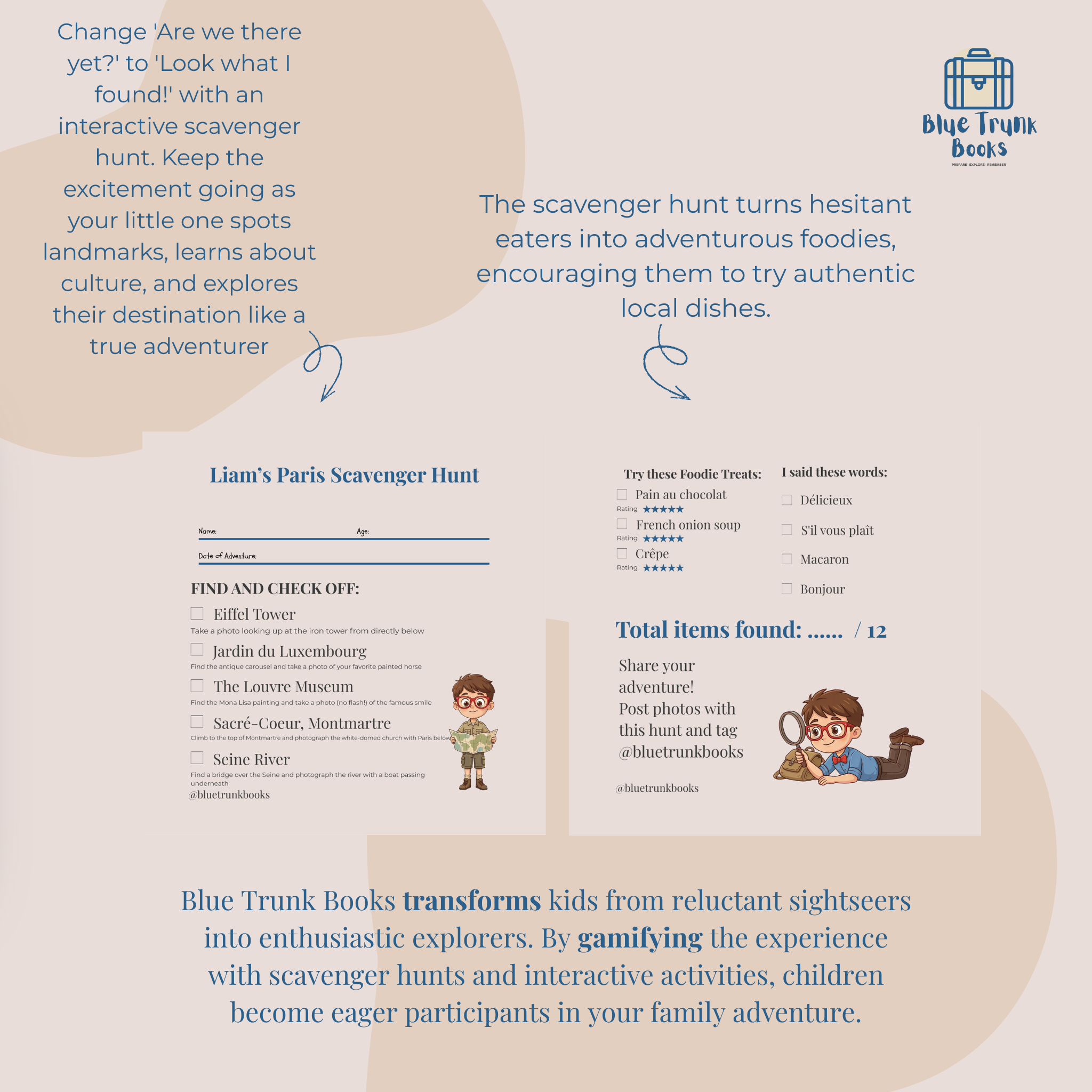 Personalized Paris scavenger hunt activities from custom travel activity book for kids