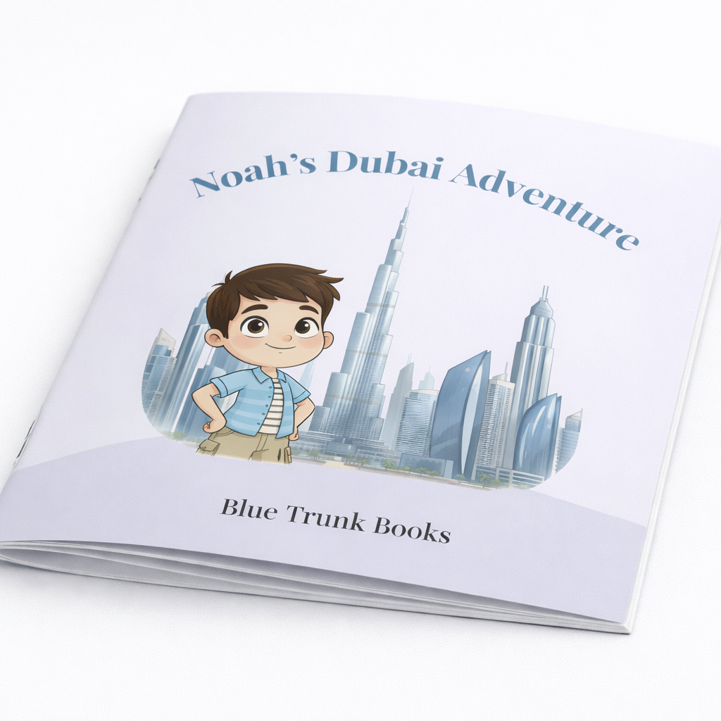 Personalized Dubai travel book for kids with custom illustrated soft cover - Blue Trunk Books