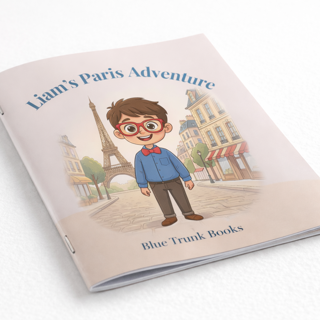 Personalized Paris travel book for kids with custom illustrated soft cover - Blue Trunk Books