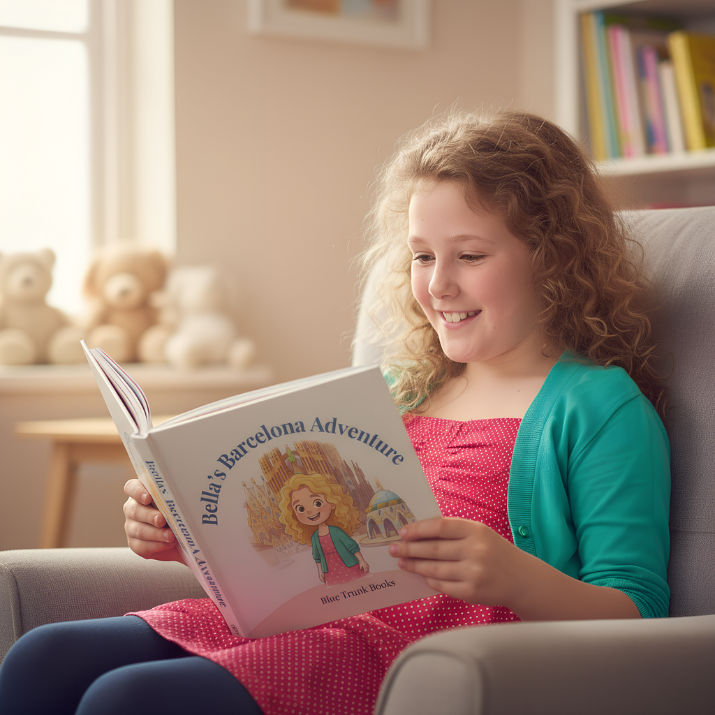 Child reading a personalized Barcelona adventure book at home in a cozy living room.