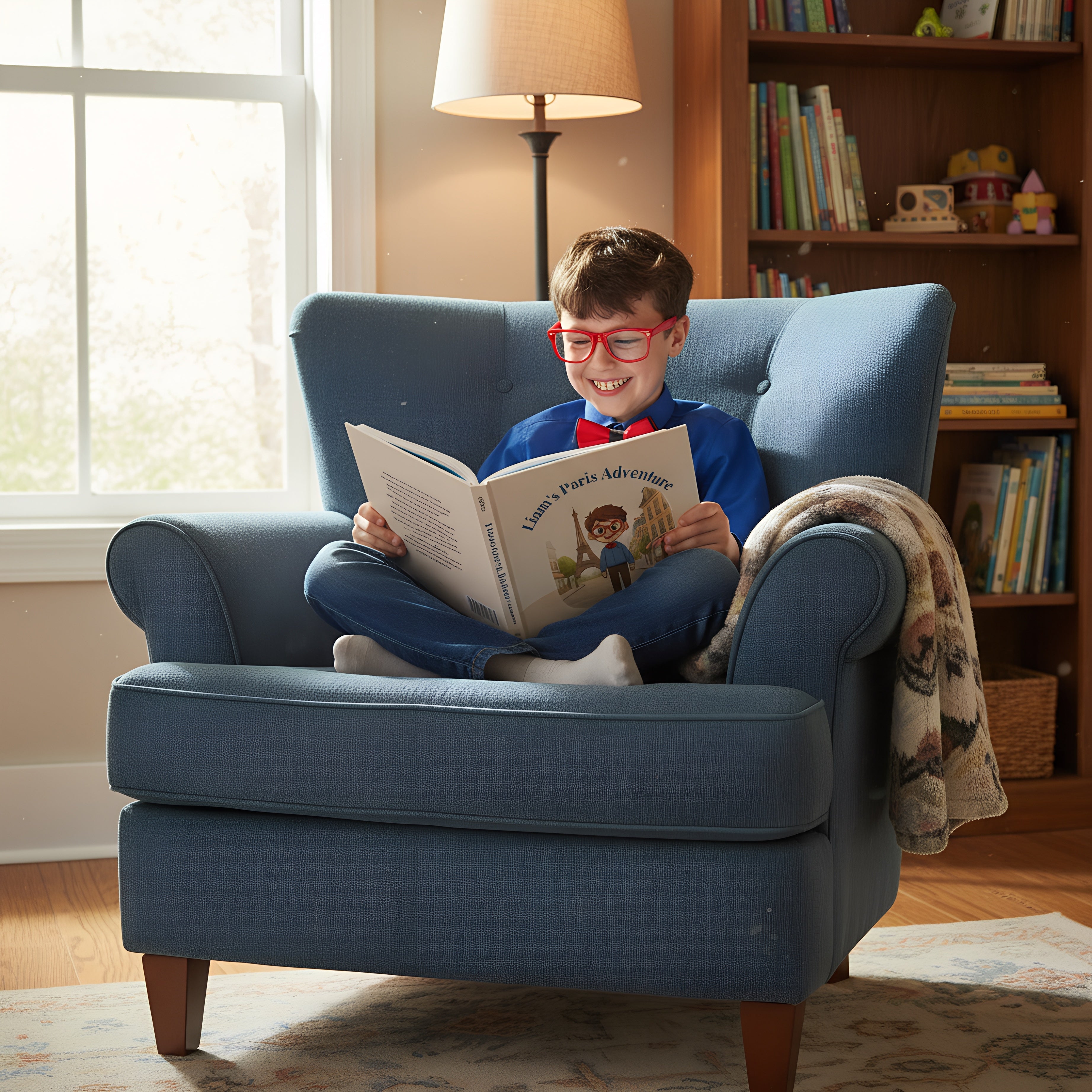 Smiling child wearing red glasses reading a children’s travel adventure book while sitting in a blue armchair at home.