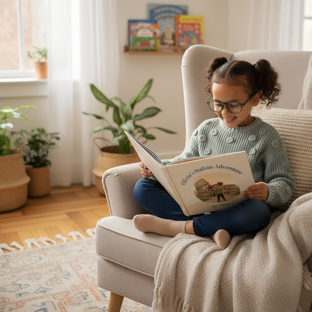 Young child reading a personalized travel activity book at home in a cozy armchair