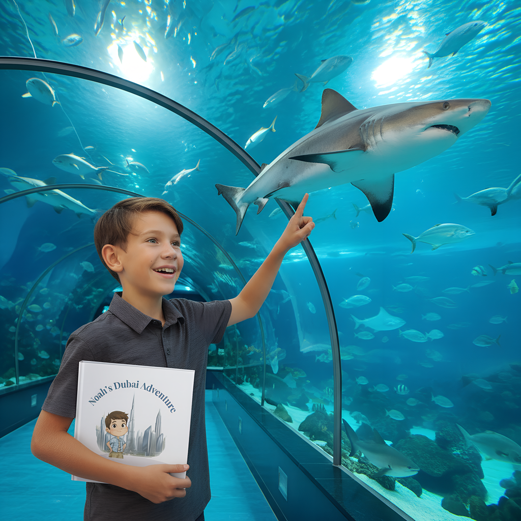 Child holding “Noah’s Dubai Adventure” while pointing at sharks inside a Dubai aquarium tunnel.