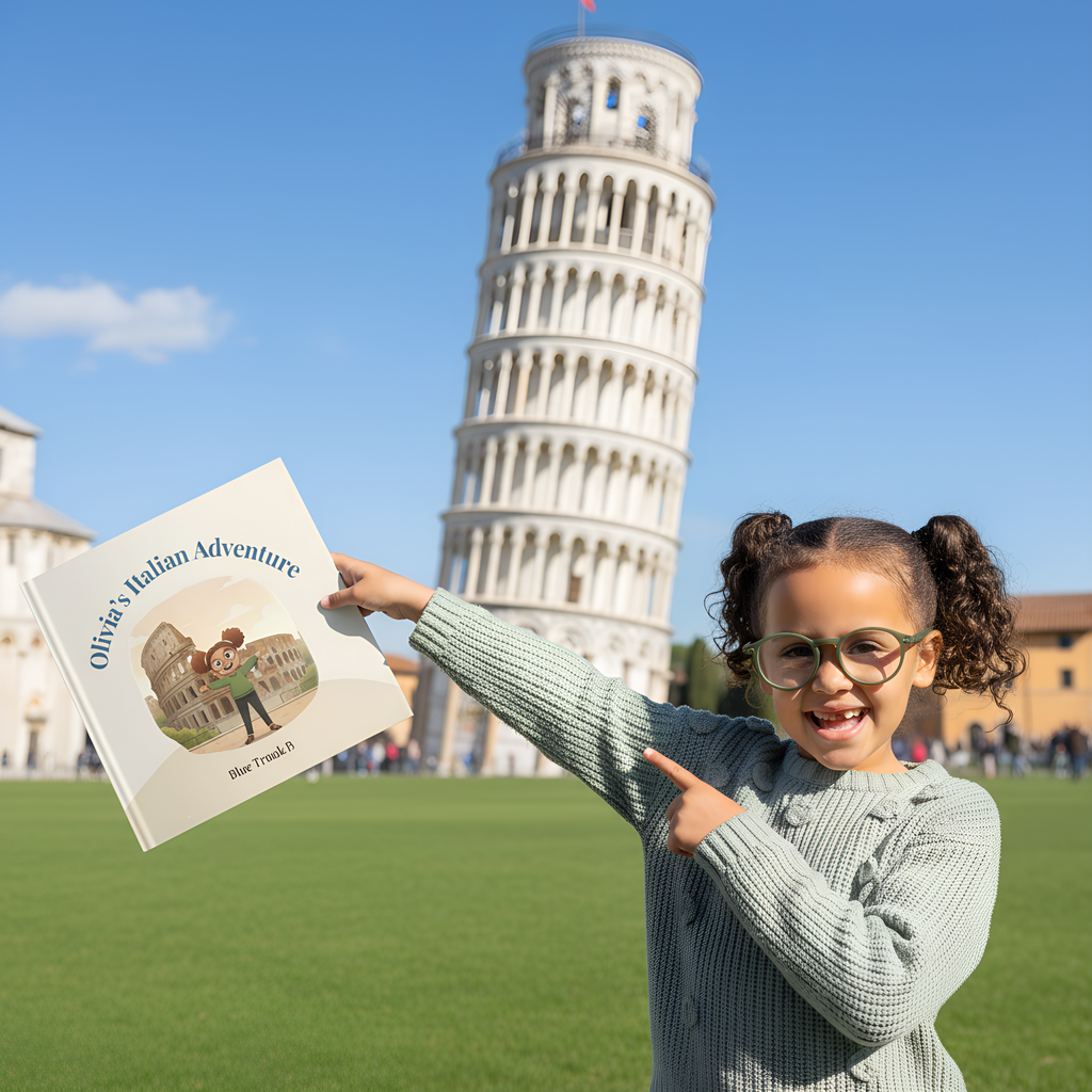 Child pointing to a personalized Italy travel activity book in front of the Leaning Tower of Pisa