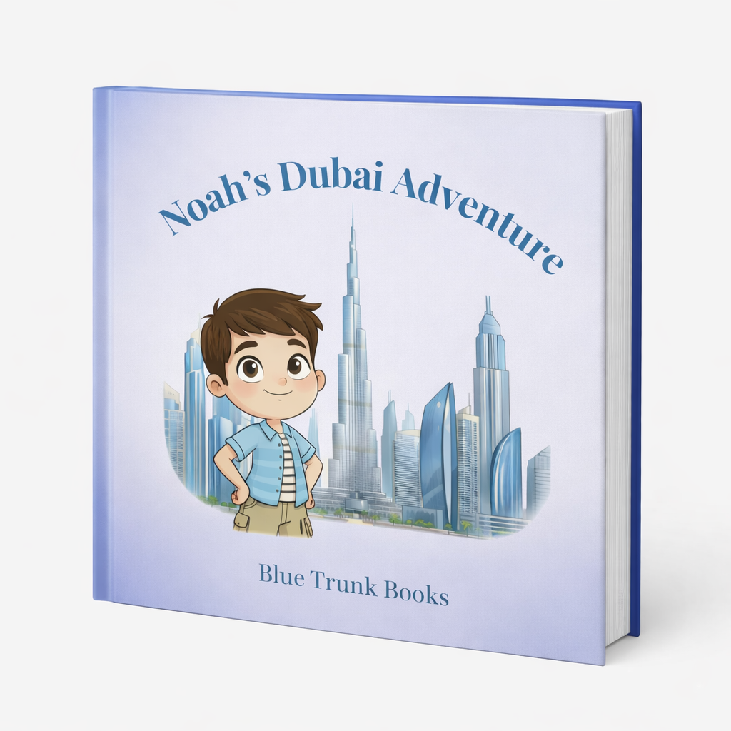 Personalized Dubai travel book for kids with custom illustrated hard cover - Blue Trunk Books