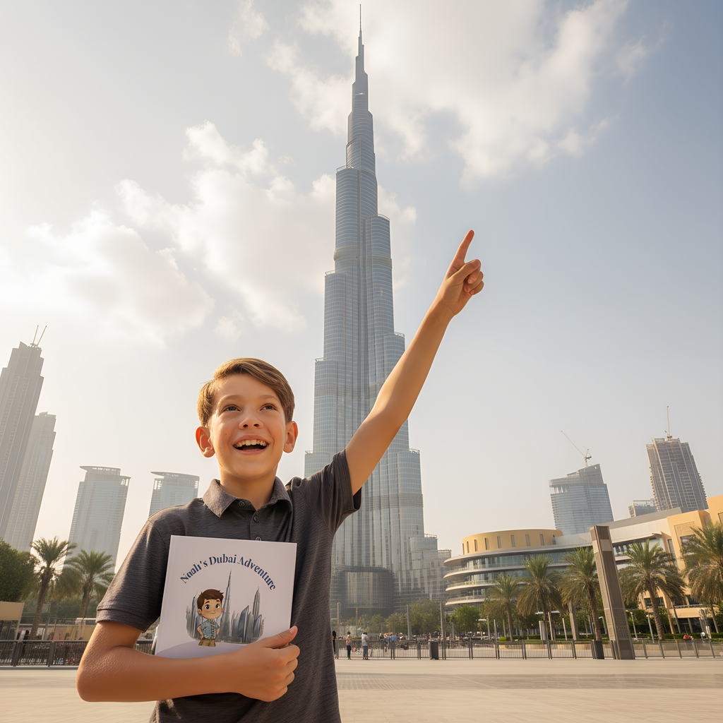 Smiling child holding a personalized Dubai travel book and pointing at the Burj Khalifa.