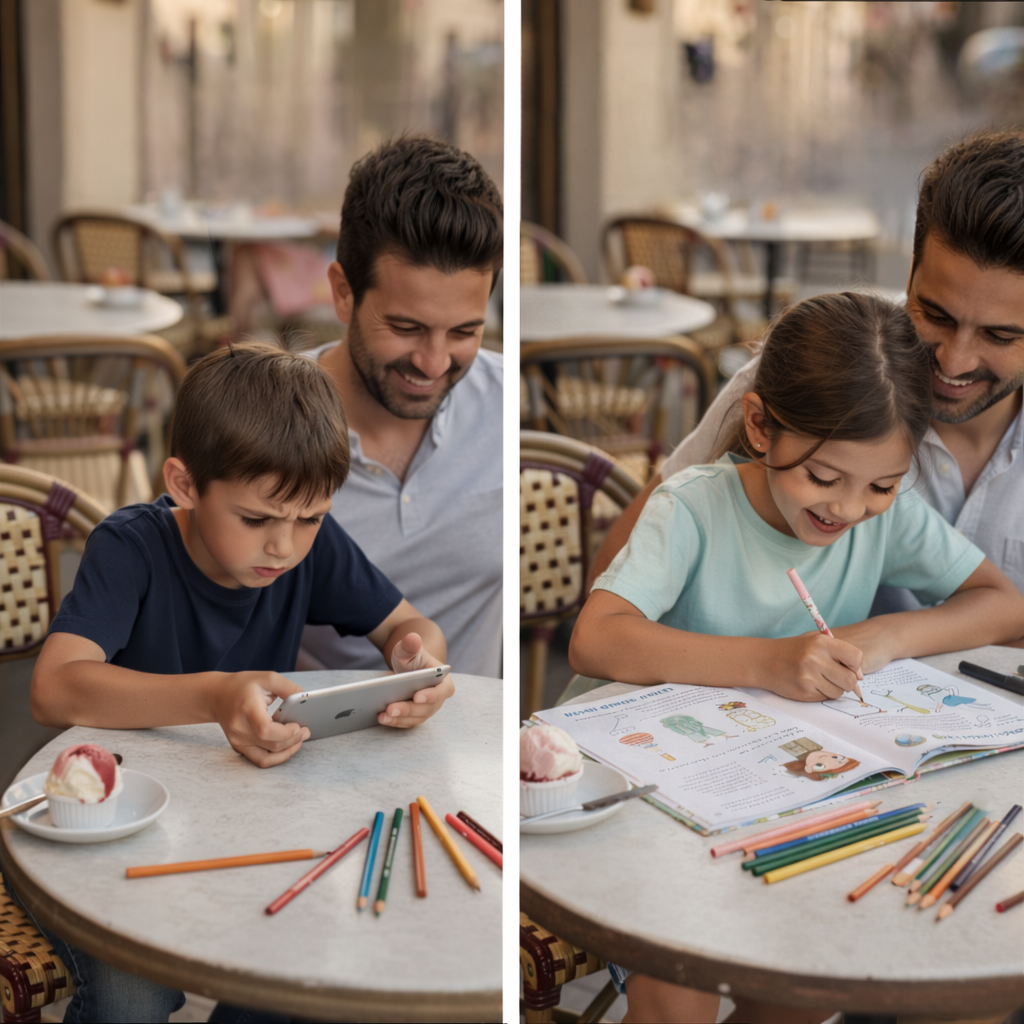 Child bored with iPad versus happy child engaged with travel book - screen-free alternative - Blue Trunk Books