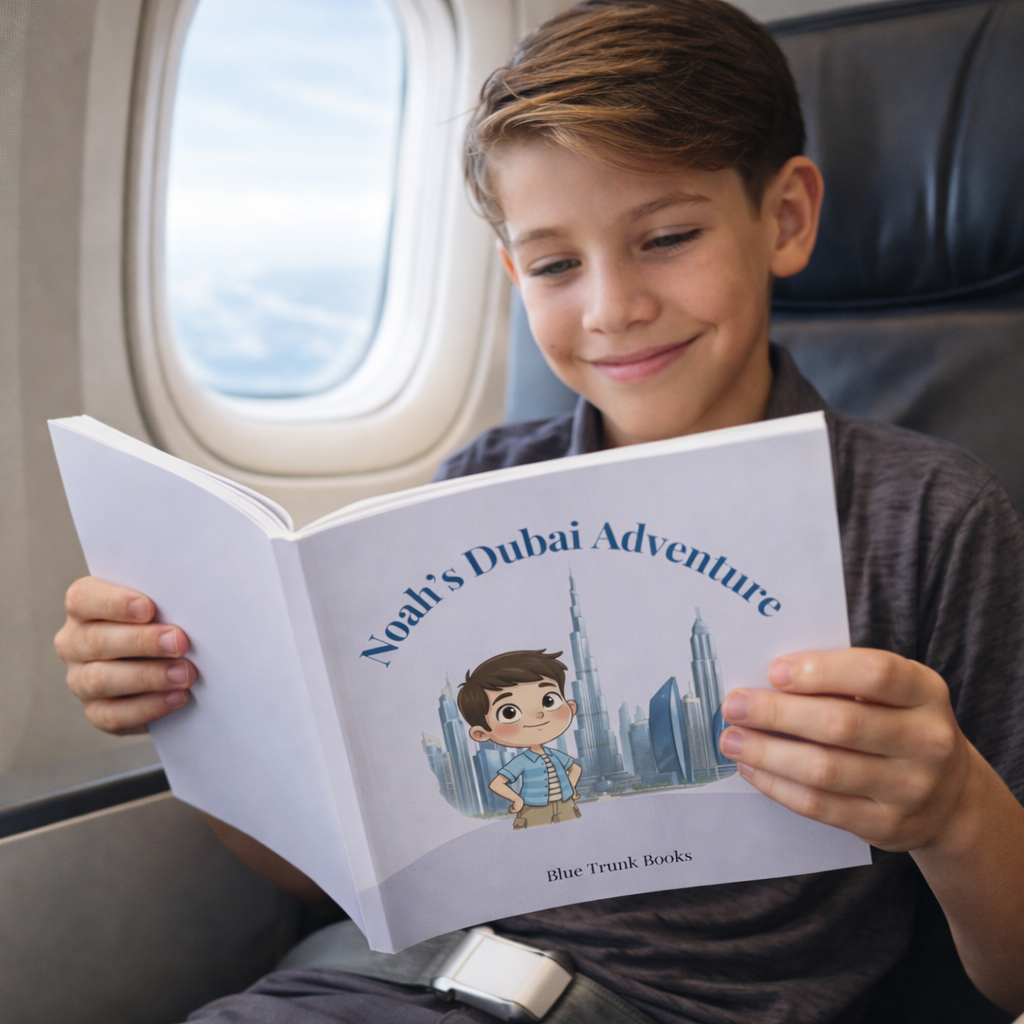 Child reading a personalized Dubai travel book on airplane, screen-free travel activity for kids