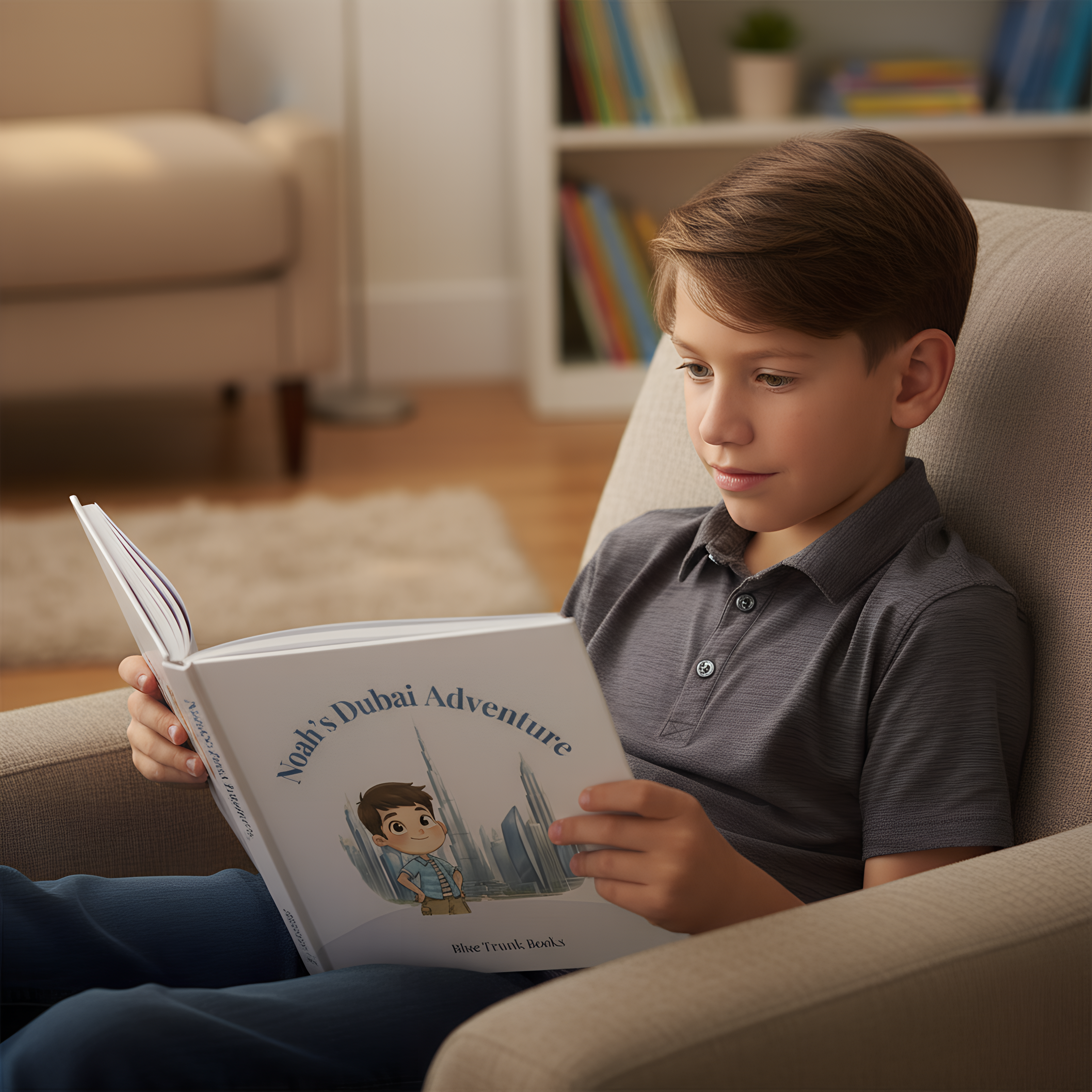 Child reading a book titled 'Noah's Dubai Adventure' in a cozy living room.