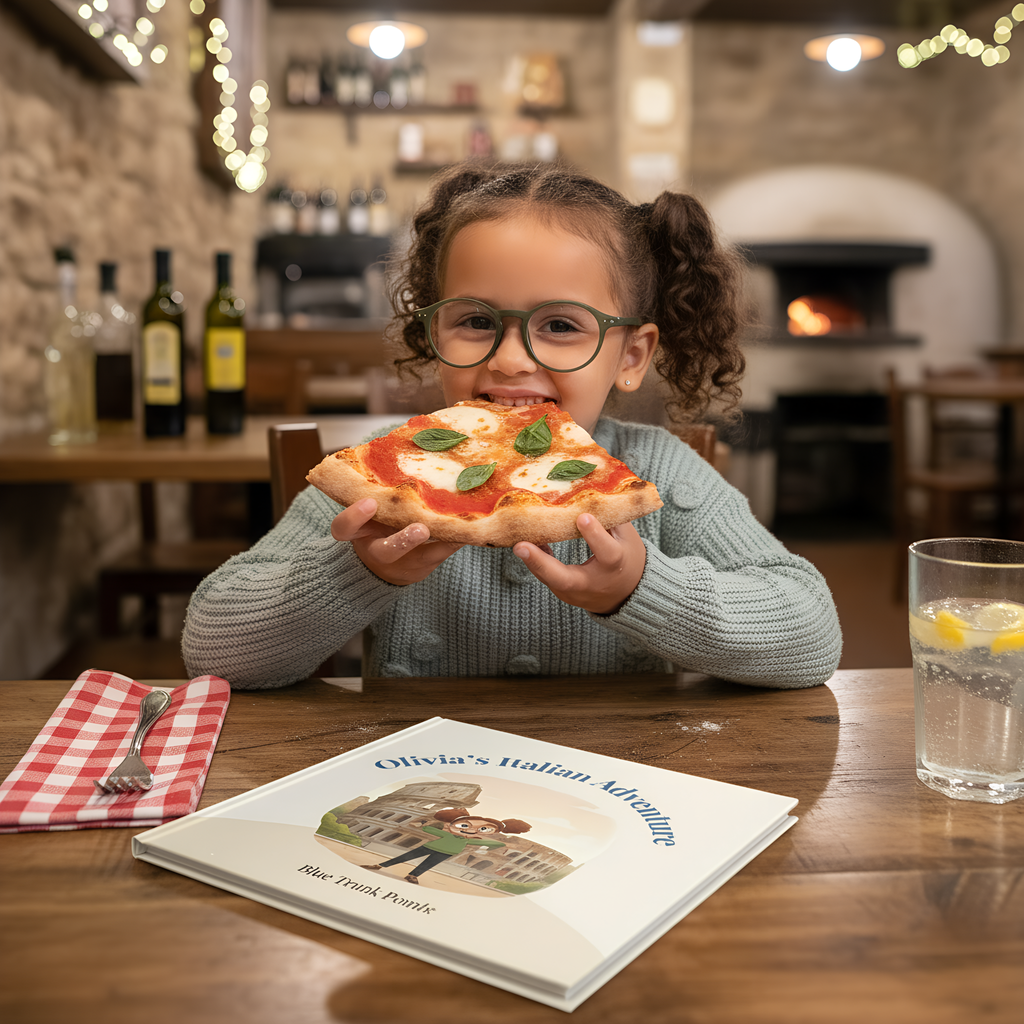 Child enjoying pizza with a personalized Italy travel activity book on the table