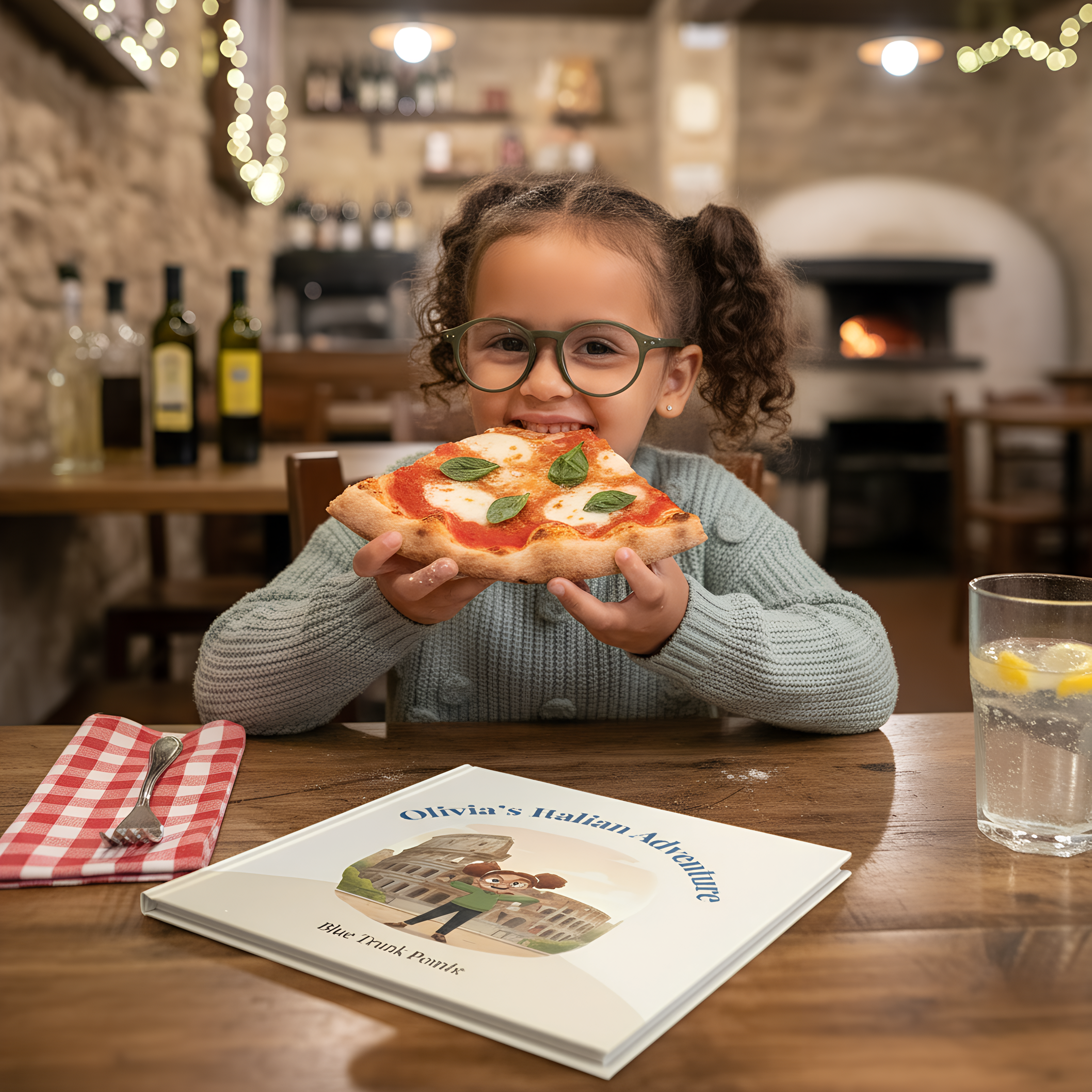 Child enjoying pizza with a personalized Italy travel activity book on the table