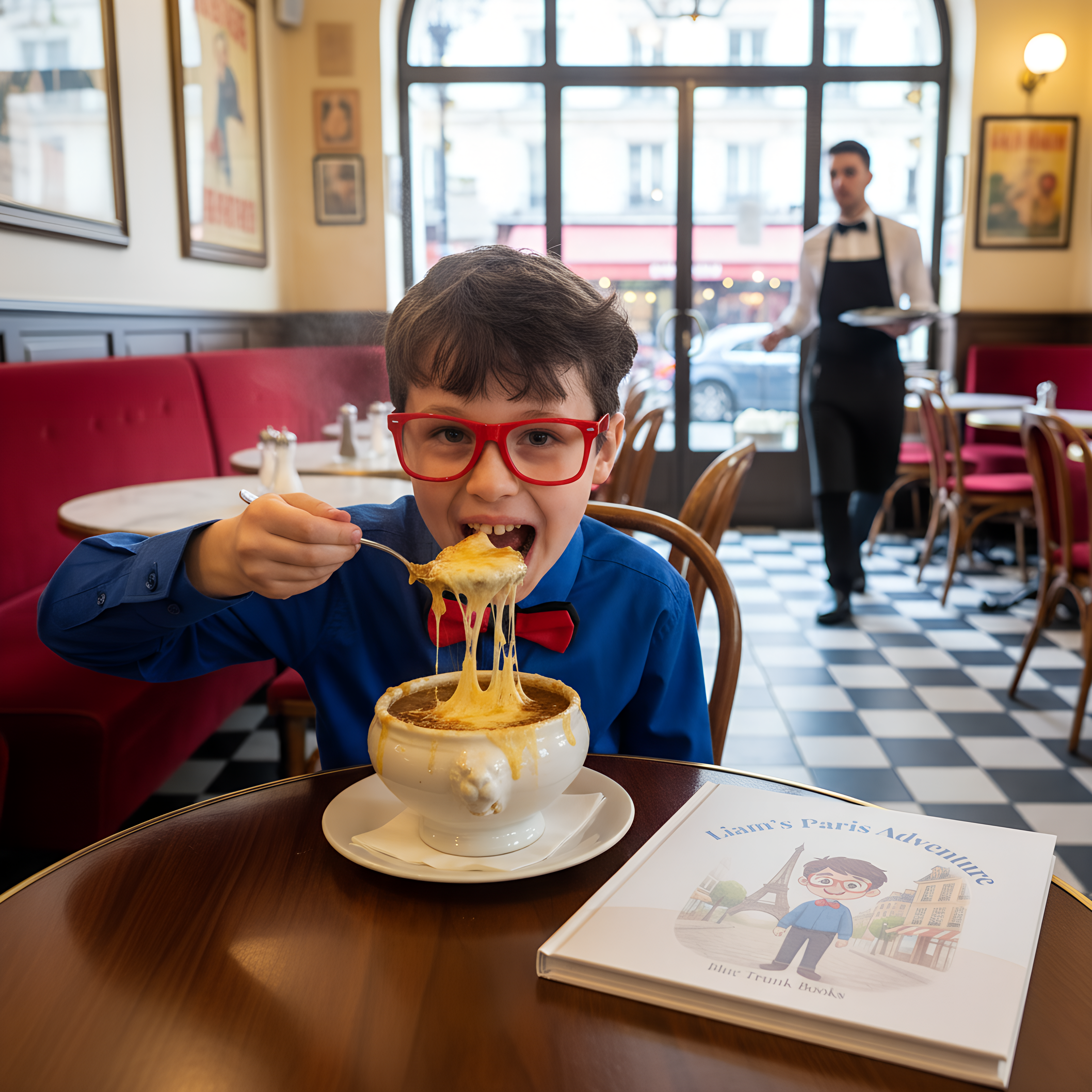 Child enjoying French onion soup in a Paris café with “Liam’s Paris Adventure” book on the table.