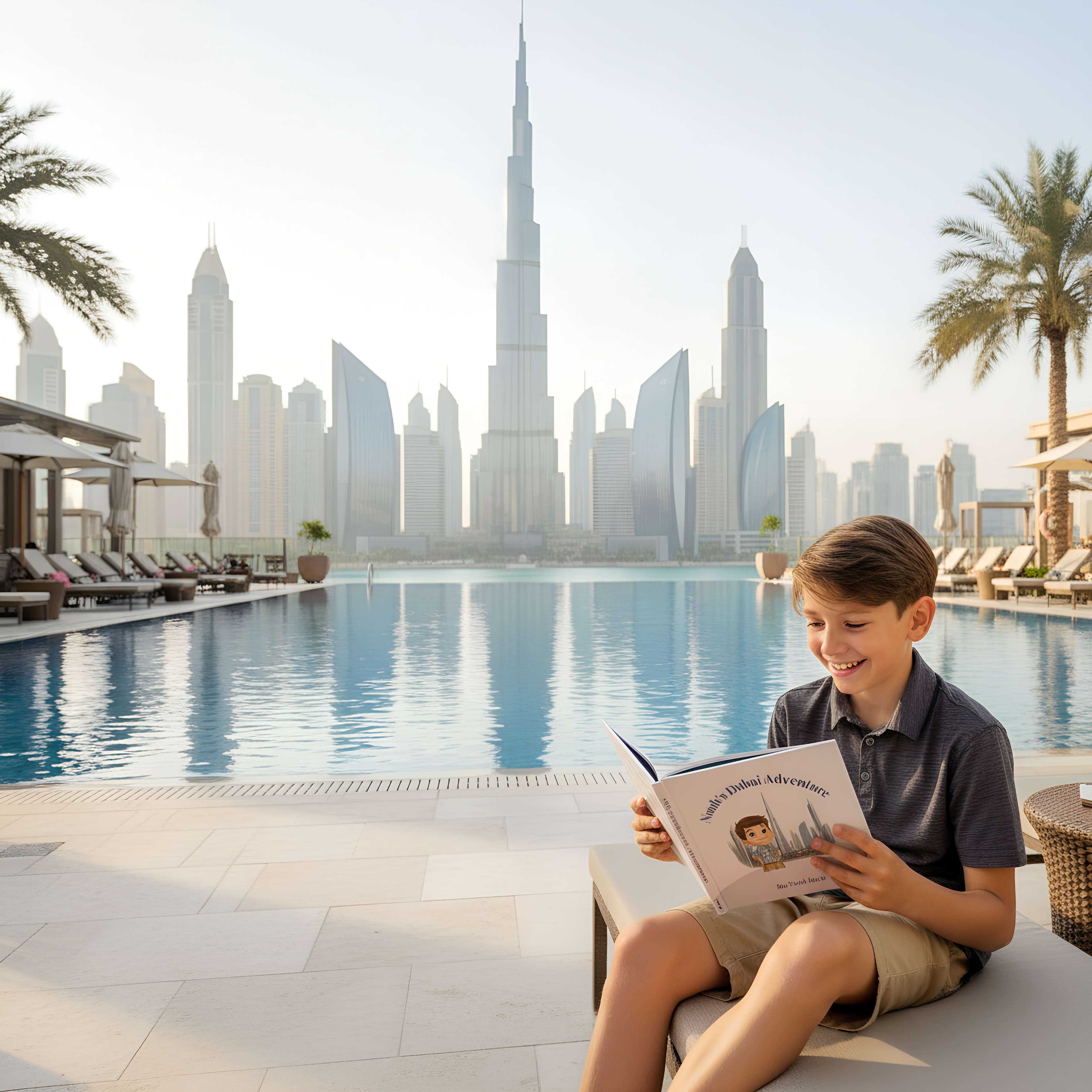 Child reading a travel book by a pool with a Dubai skyline in the background 