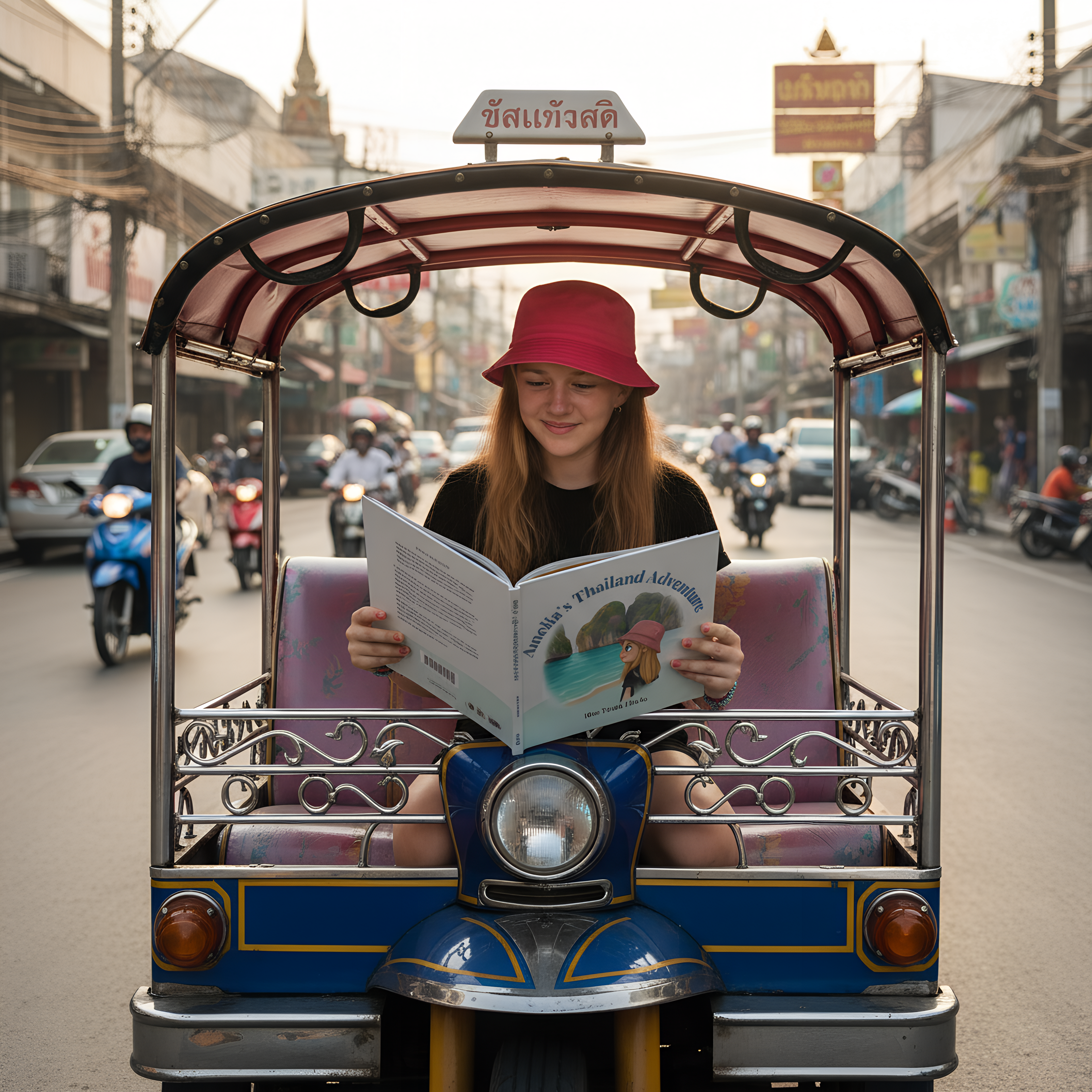 Child reading a personalized travel adventure book while riding in a tuk-tuk during a city trip.