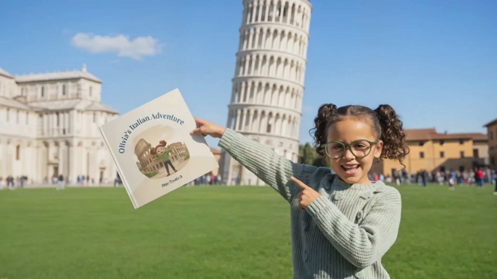 Child holding a personalized Italy travel activity book near the Leaning Tower of Pisa