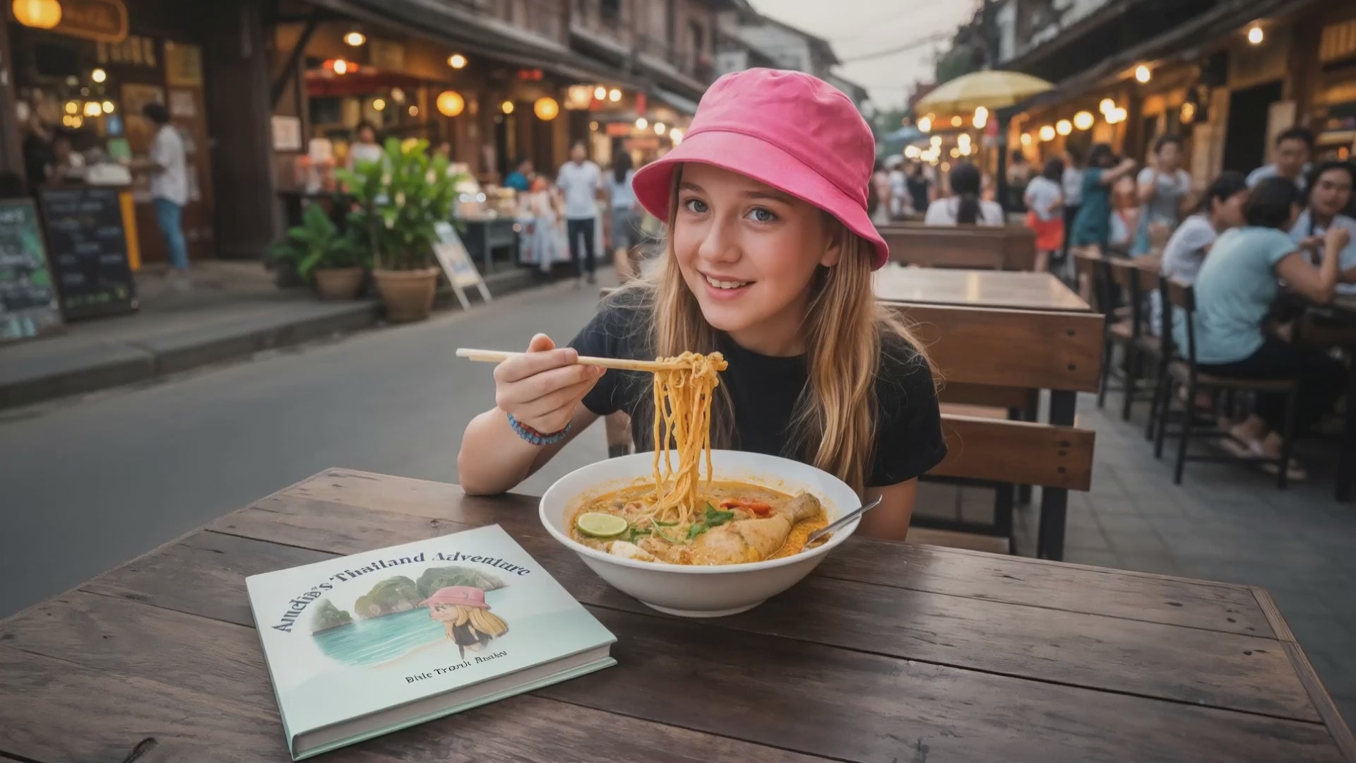 Video Smiling child eating noodles at a restaurant with a personalized travel adventure book on the table.