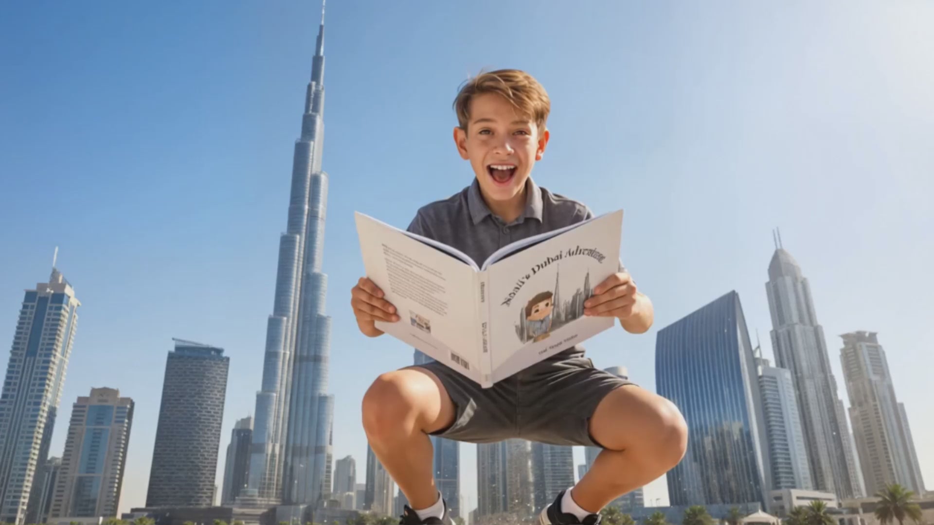 Child reading “Noah’s Dubai Adventure” in front of the Burj Khalifa in Dubai.