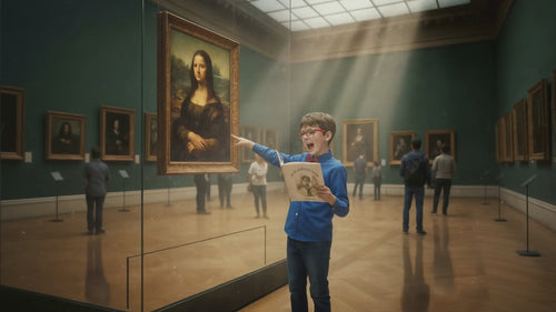 Child reading “Liam’s Paris Adventure” while exploring a museum in Paris. Le louvre