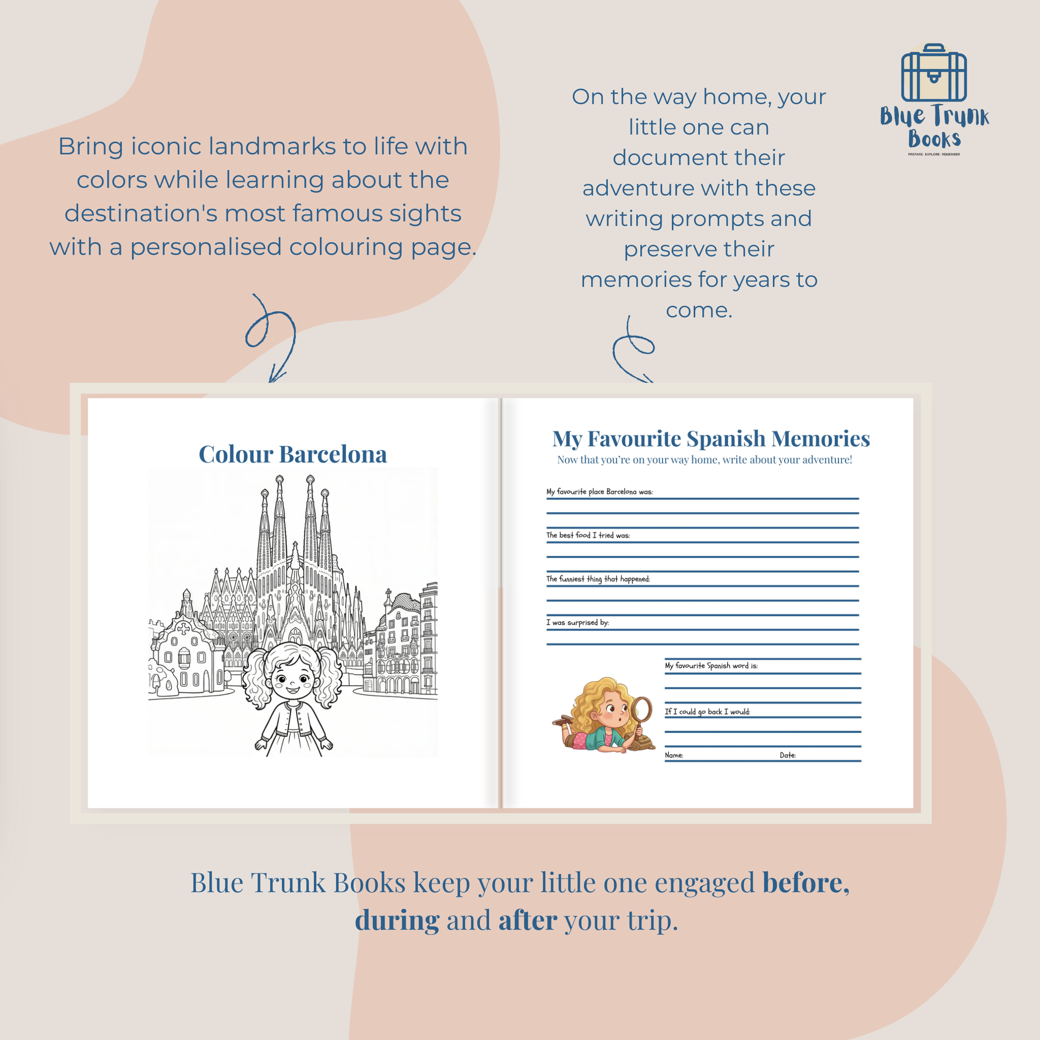 Inside pages from Barcelona travel activity book for kids showing colouring landmarks and writing prompts