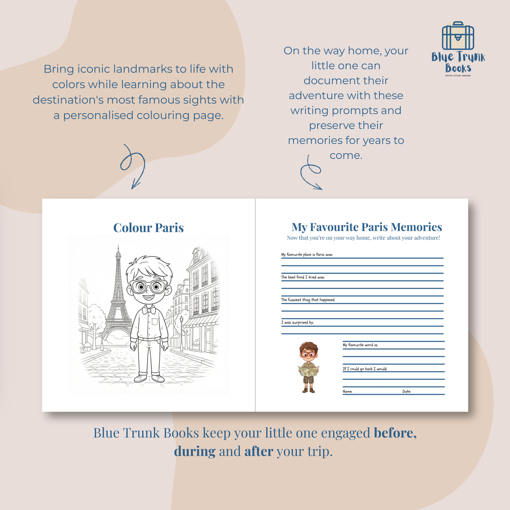 Personalized Paris colouring landmarks and memory journal pages from travel book for kids